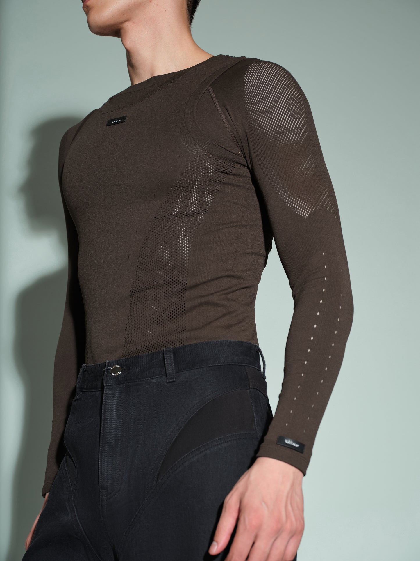 Seamless Openwork Long Sleeve Top (Icy Gleam Blue & Grape Violet Brown)