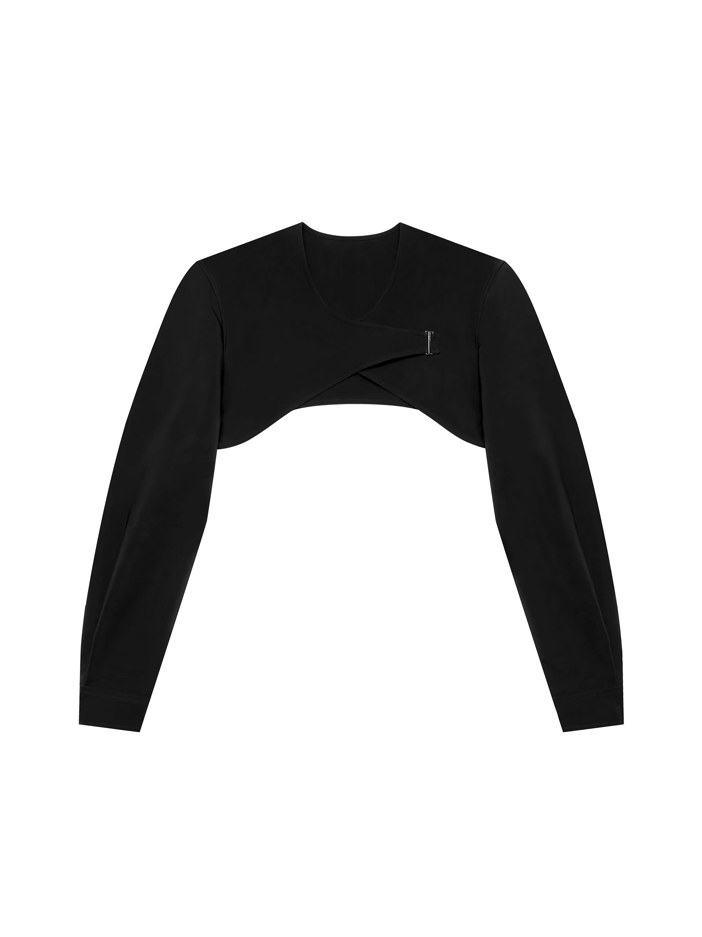 Black long-sleeve crop top with a unique design on a white background