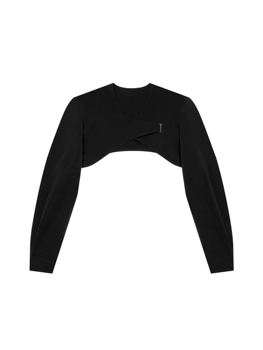 Black long-sleeve crop top with a unique design on a white background