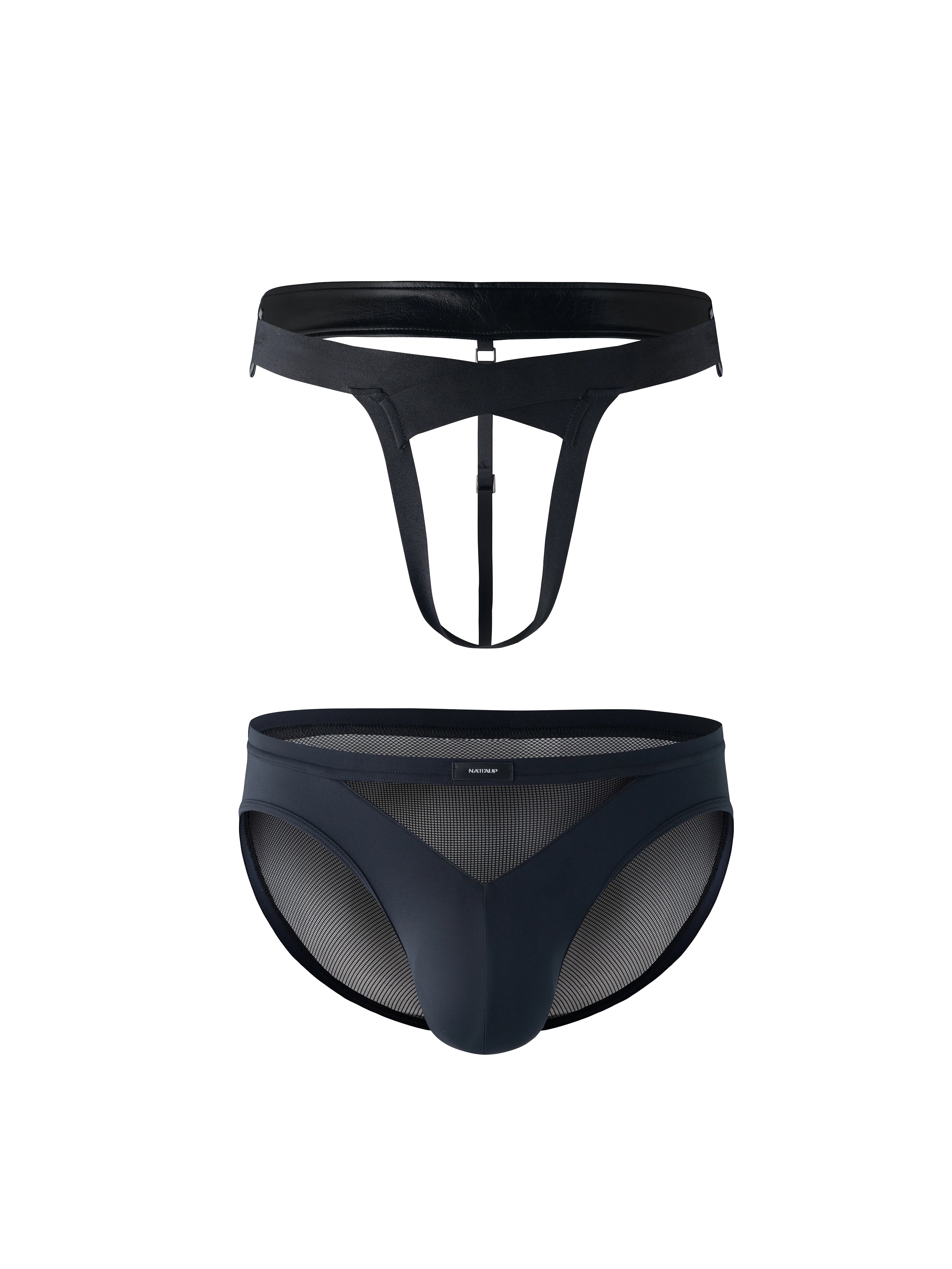 Mesh Paneled Low Rise Brief & Cross Front Thong Belt