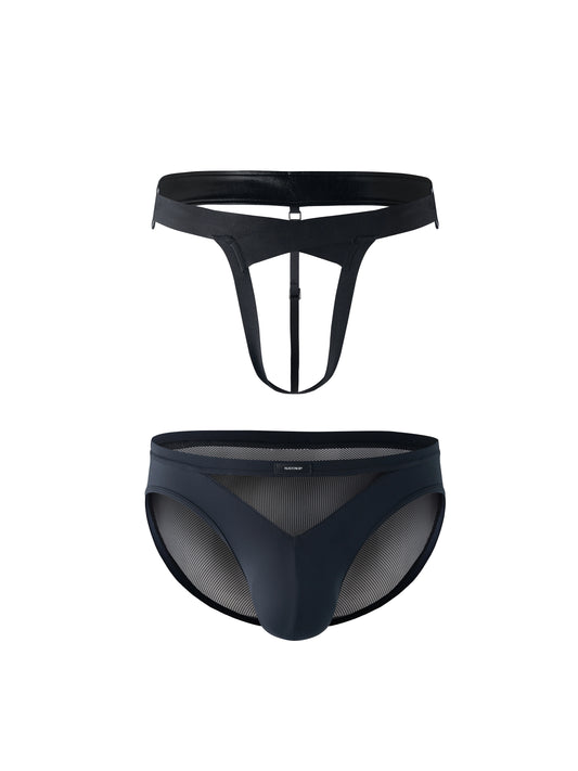 Mesh Paneled Low Rise Brief & Cross Front Thong Belt