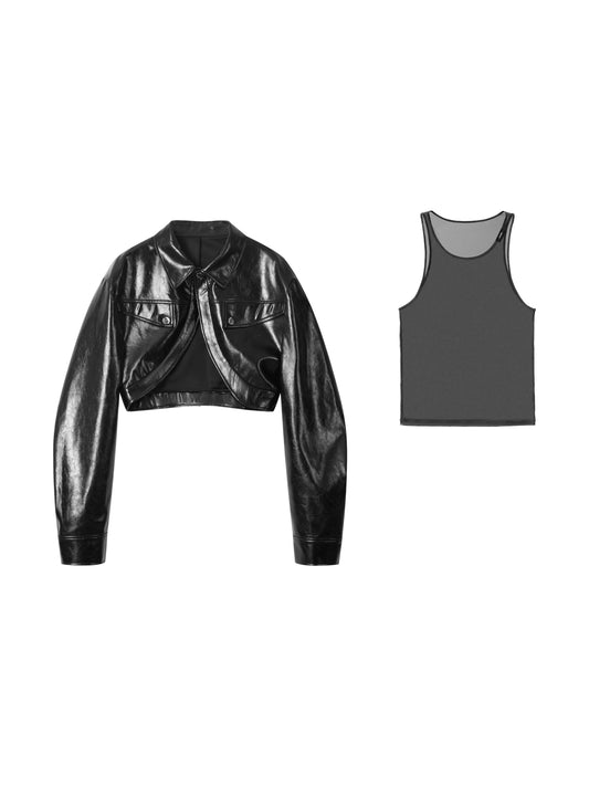 Short Glossy PU Jacket & Mesh Vest Set