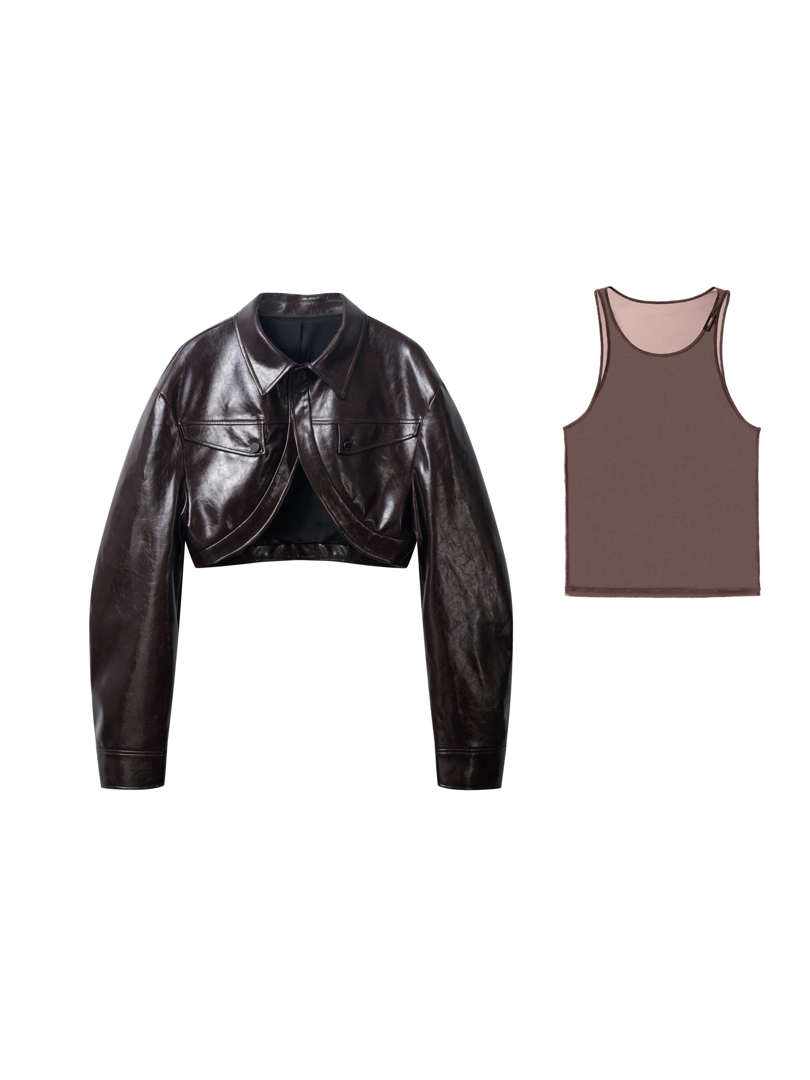 Short Glossy PU Jacket & Mesh Vest Set