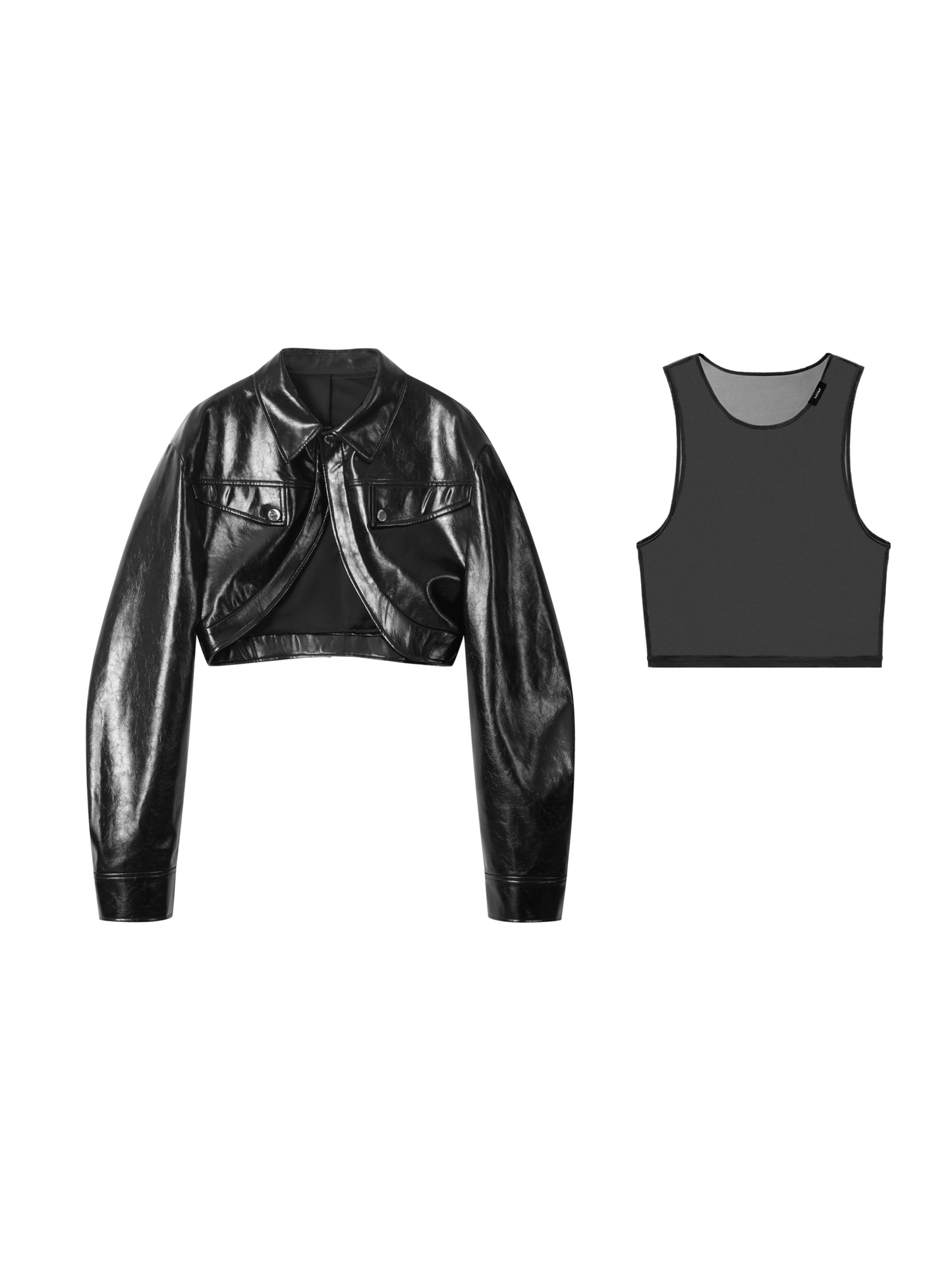 Short Glossy PU Jacket & Mesh Vest Set