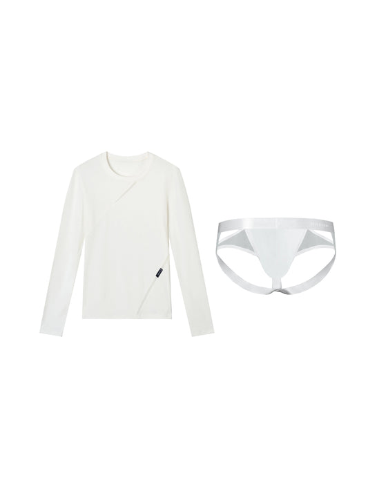 Mesh Panel Long Sleeve Top & Breathable Jockstrap (White)