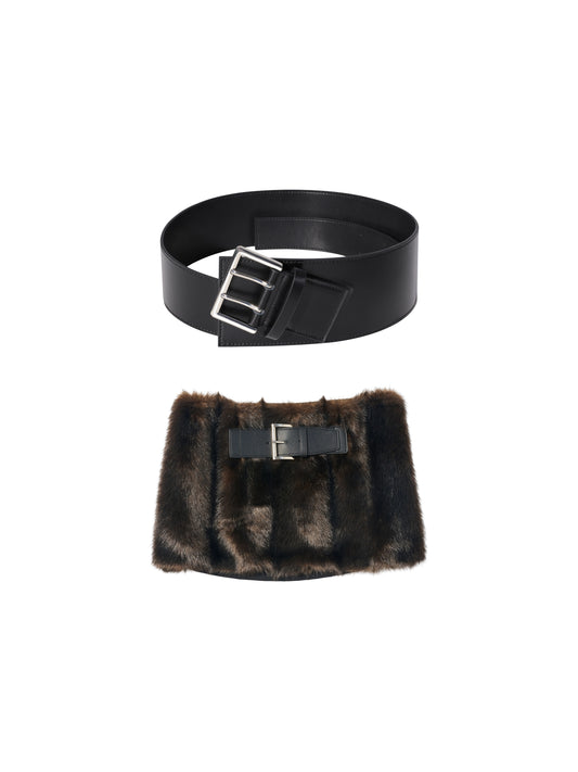 Faux Fur Mini Skirt & Double Buckle Belt Set