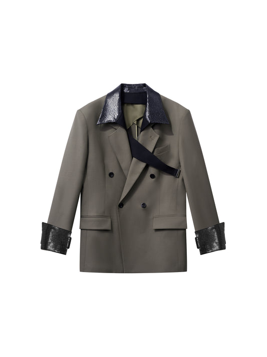 Wool Blazer with Detachable Lizard-Print Collar & Cuffs