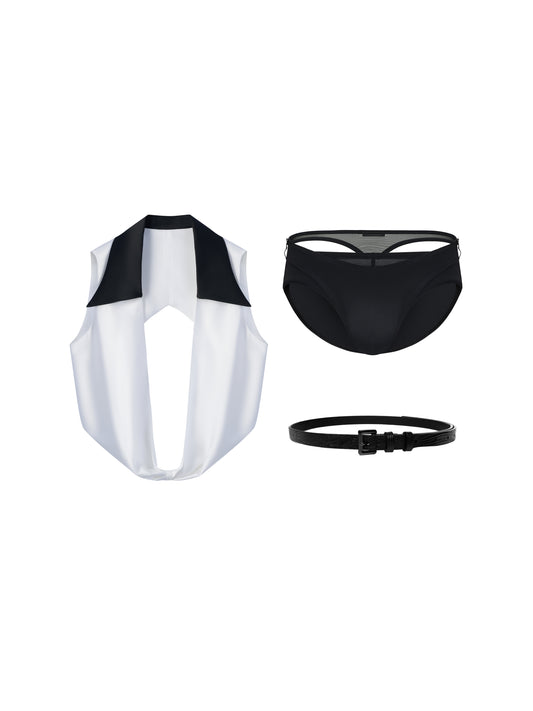Sharp Lapel Draped Vest Set with Exposed Thong & Lizard-Pattern Belt