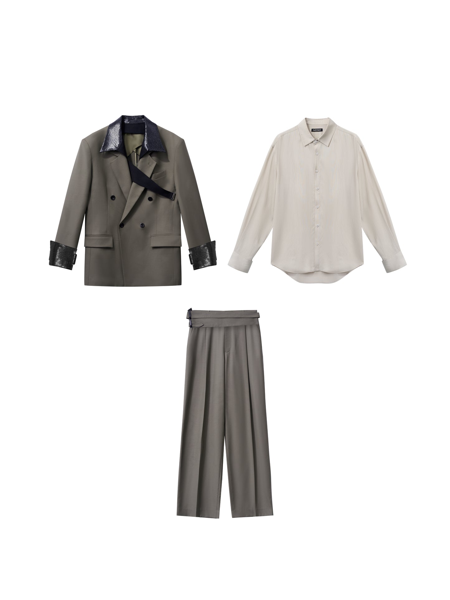 Wool Blazer Set with Lizard Collar Cincher Trousers and Slim Shirt