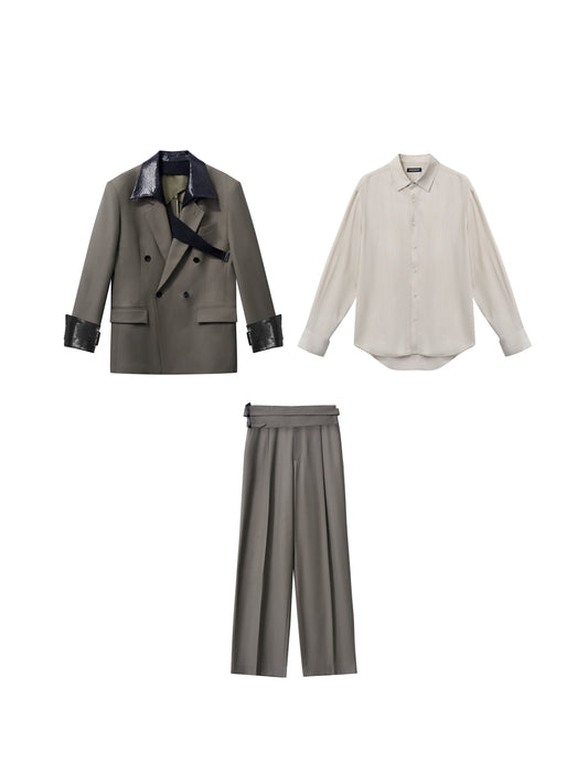 Wool Blazer Set with Lizard Collar Cincher Trousers and Slim Shirt