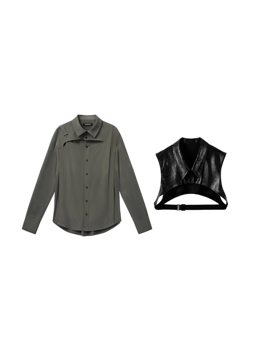 Cropped PU Shirt & Openwork  Structure Shirt