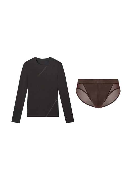 Mesh Panel Long Sleeve Top & Brown Mesh Brief