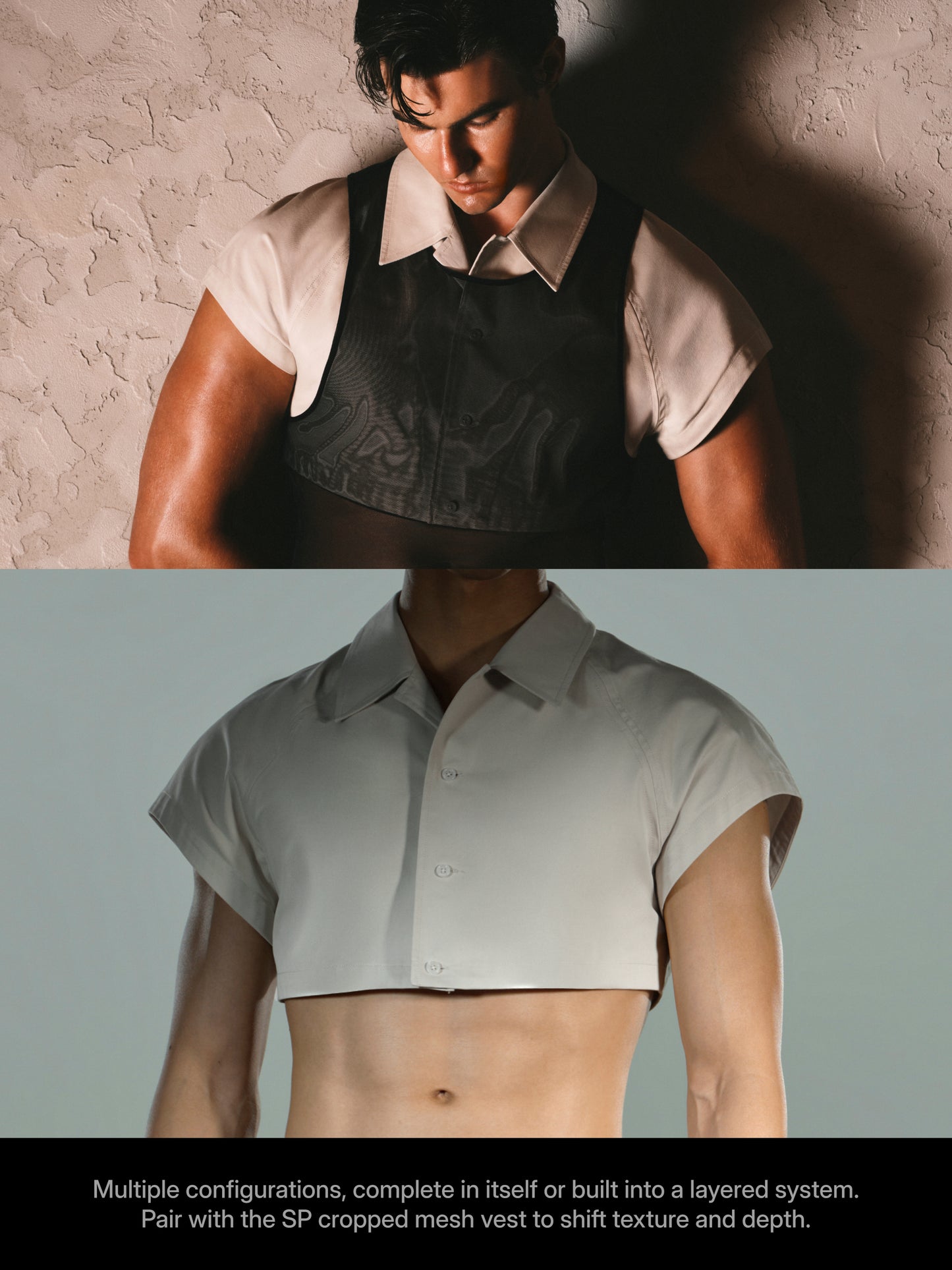 Cropped Shirt Vest & Black Short Mesh Vest Set
