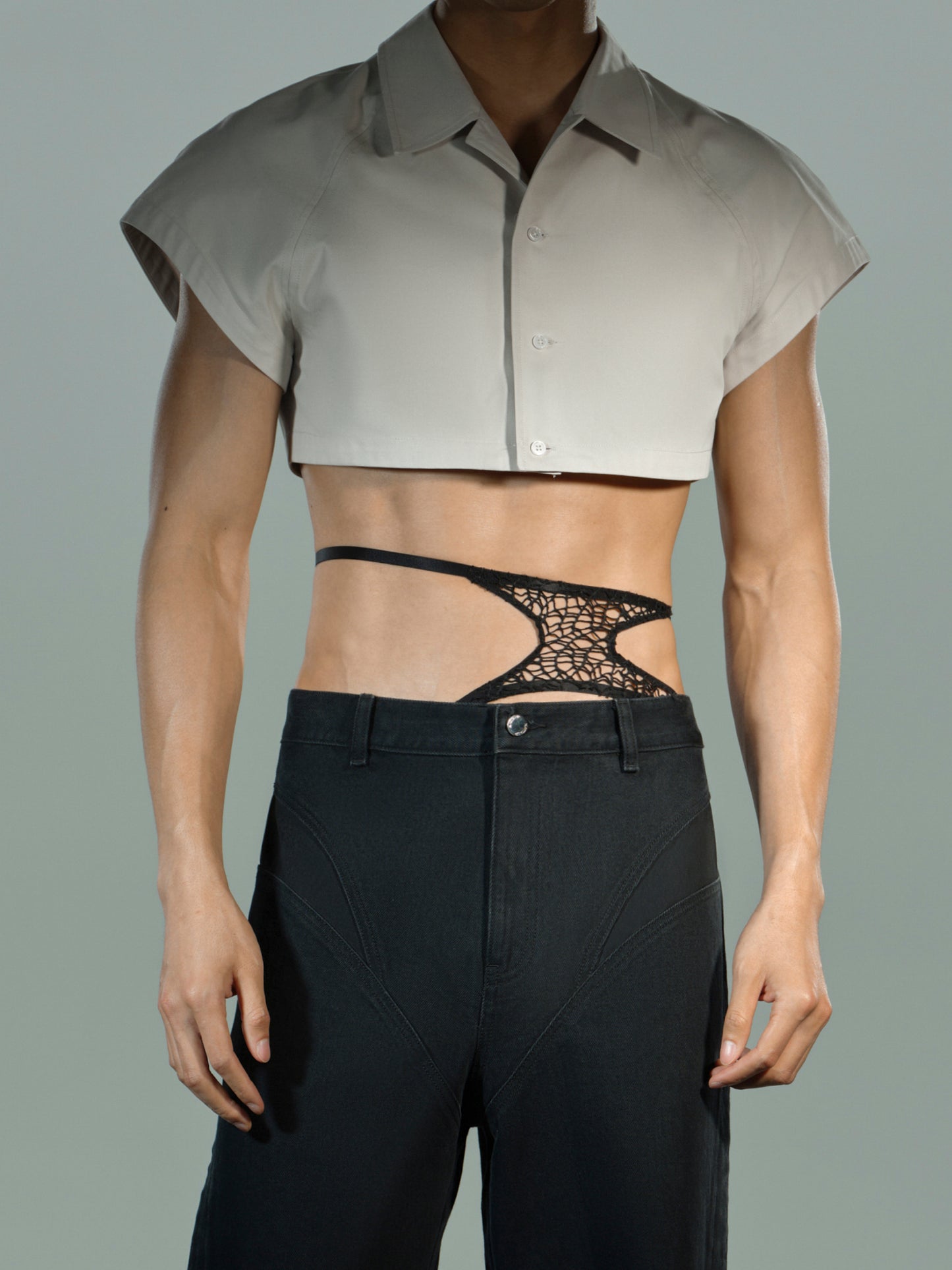 Cropped Shirt Vest & Black Short Mesh Vest Set