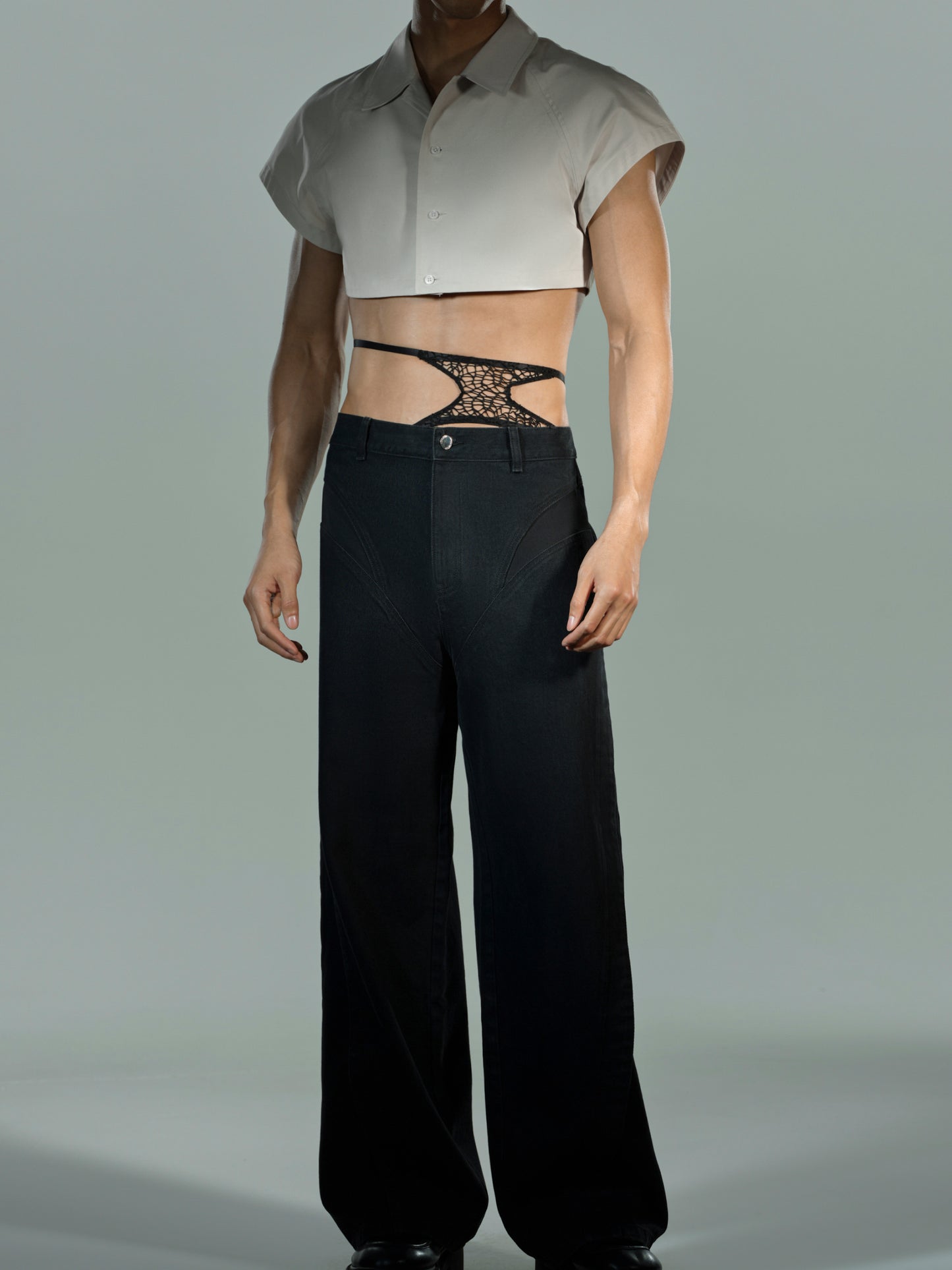 Cropped Shirt Vest & Black Short Mesh Vest Set