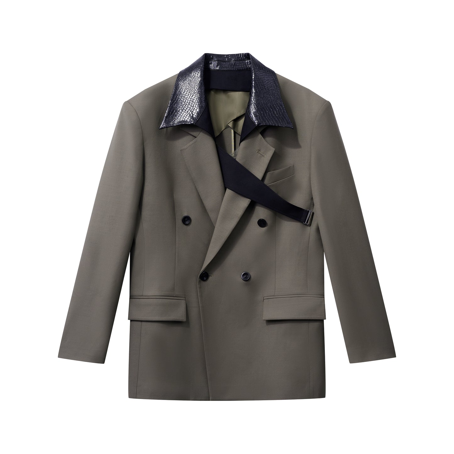 Wool Blazer Set with Lizard Collar Cincher Trousers and Slim Shirt