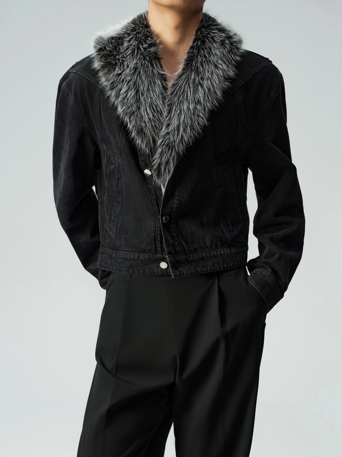 Fitted Denim Jacket & Faux Fur Collar Set