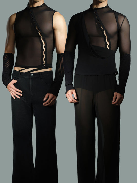 Form-Fitting Seamed Mesh Tank Top & Arm Sleeves Set