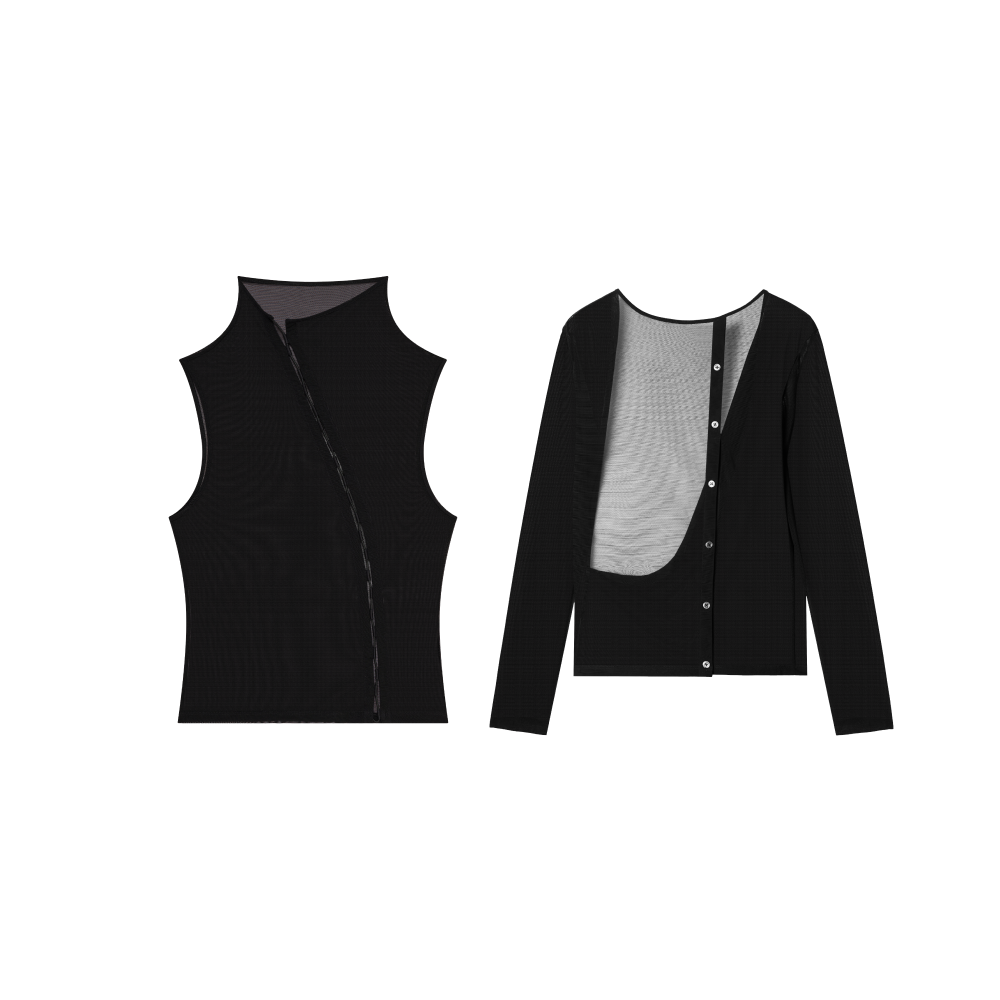 Form-Fitting Seamed Mesh Tank Top & Arm Sleeves Set