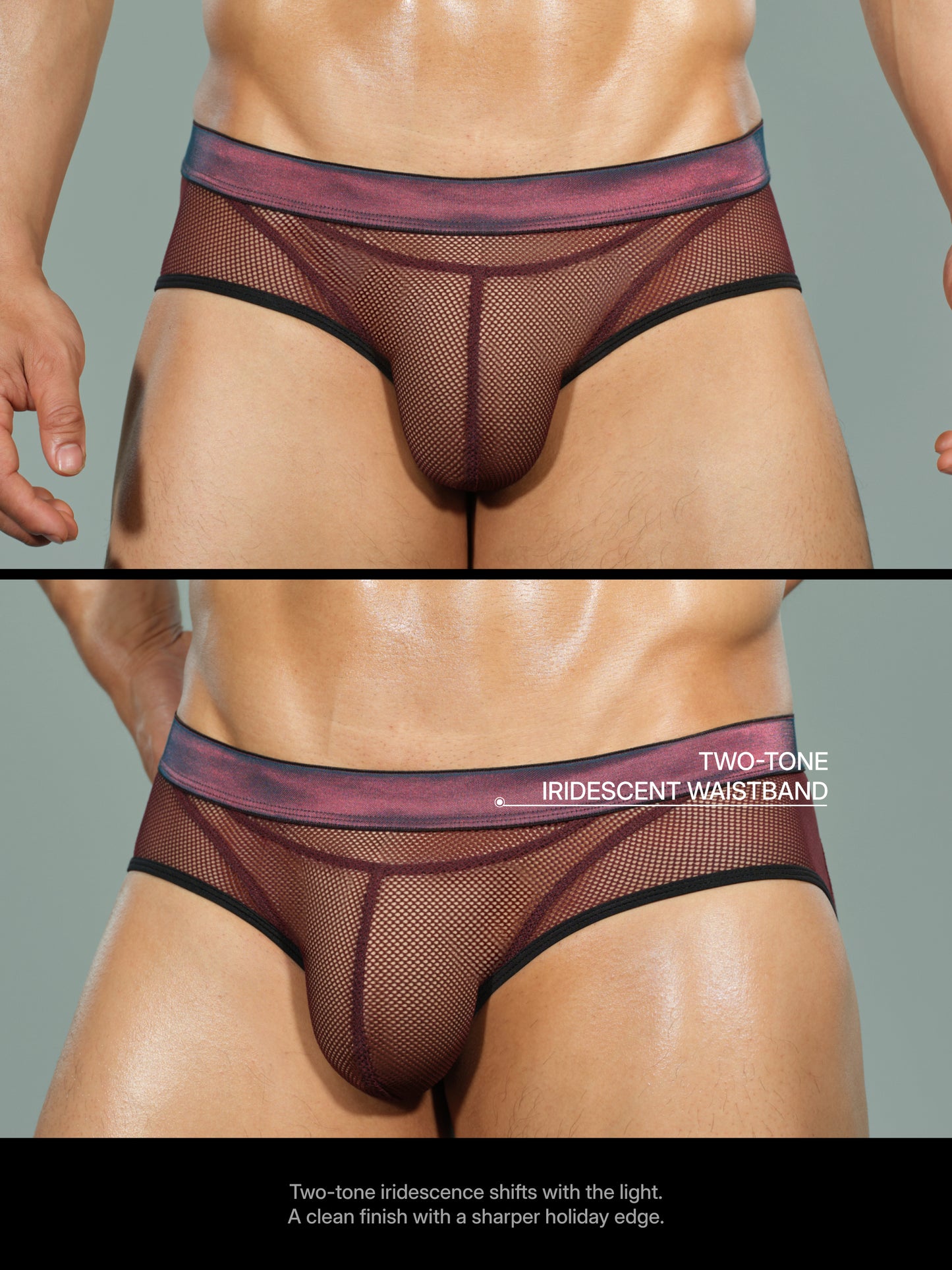 Iridescent-Band Sheer Open-Mesh Brief