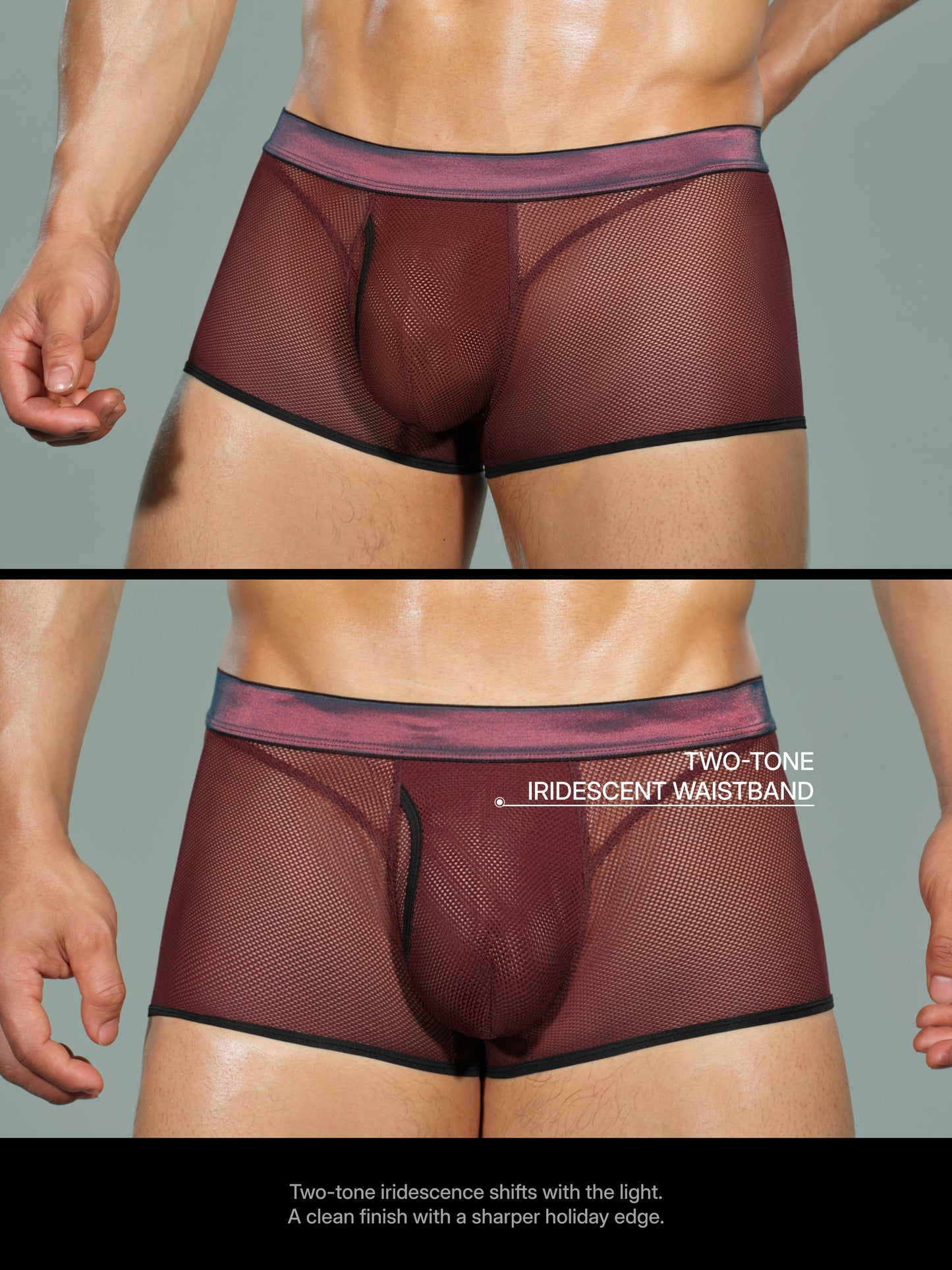 Iridescent-Band Sheer Open-Mesh Trunk