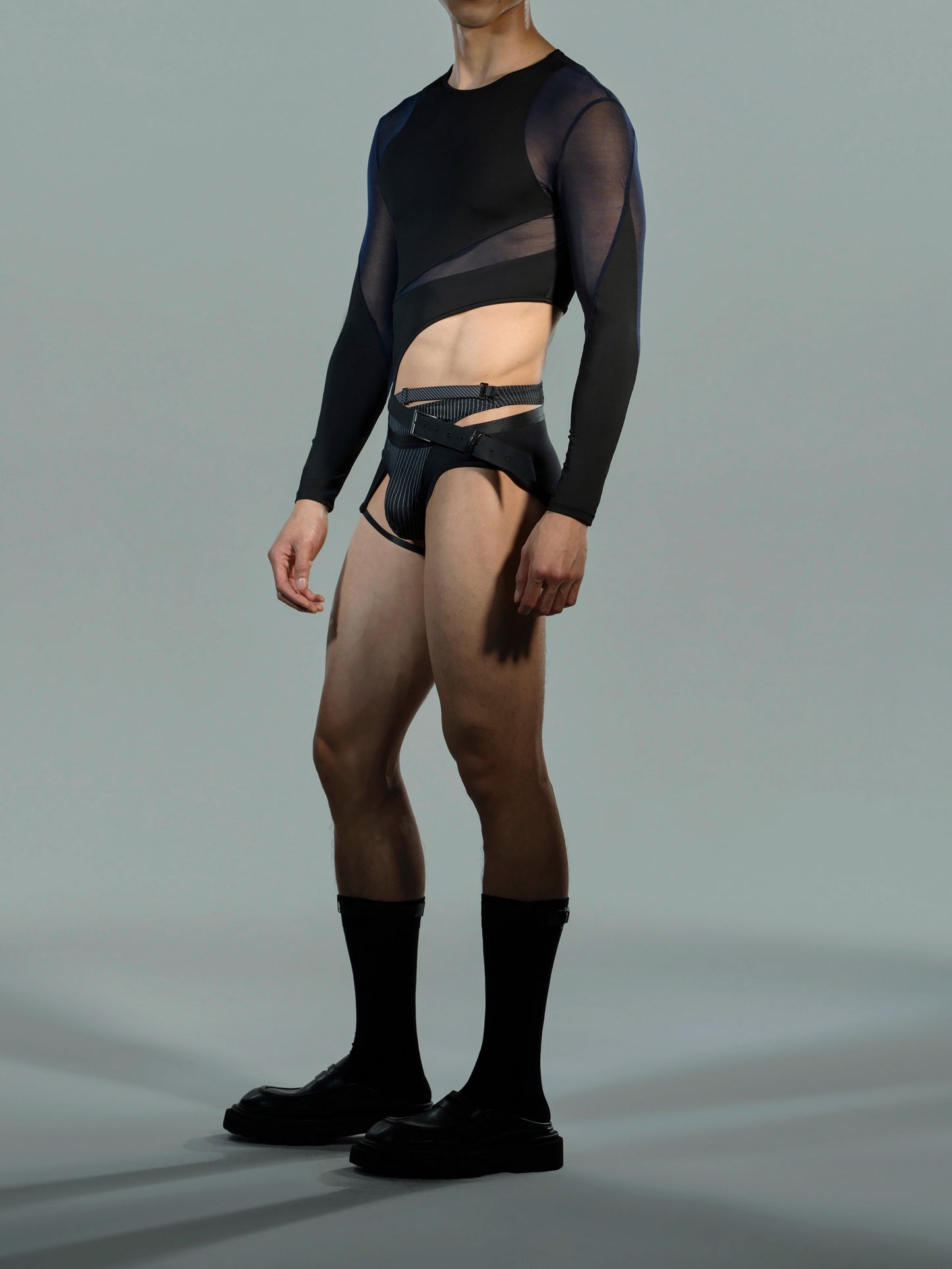 Layered Mesh Panel Long-Sleeve Top
