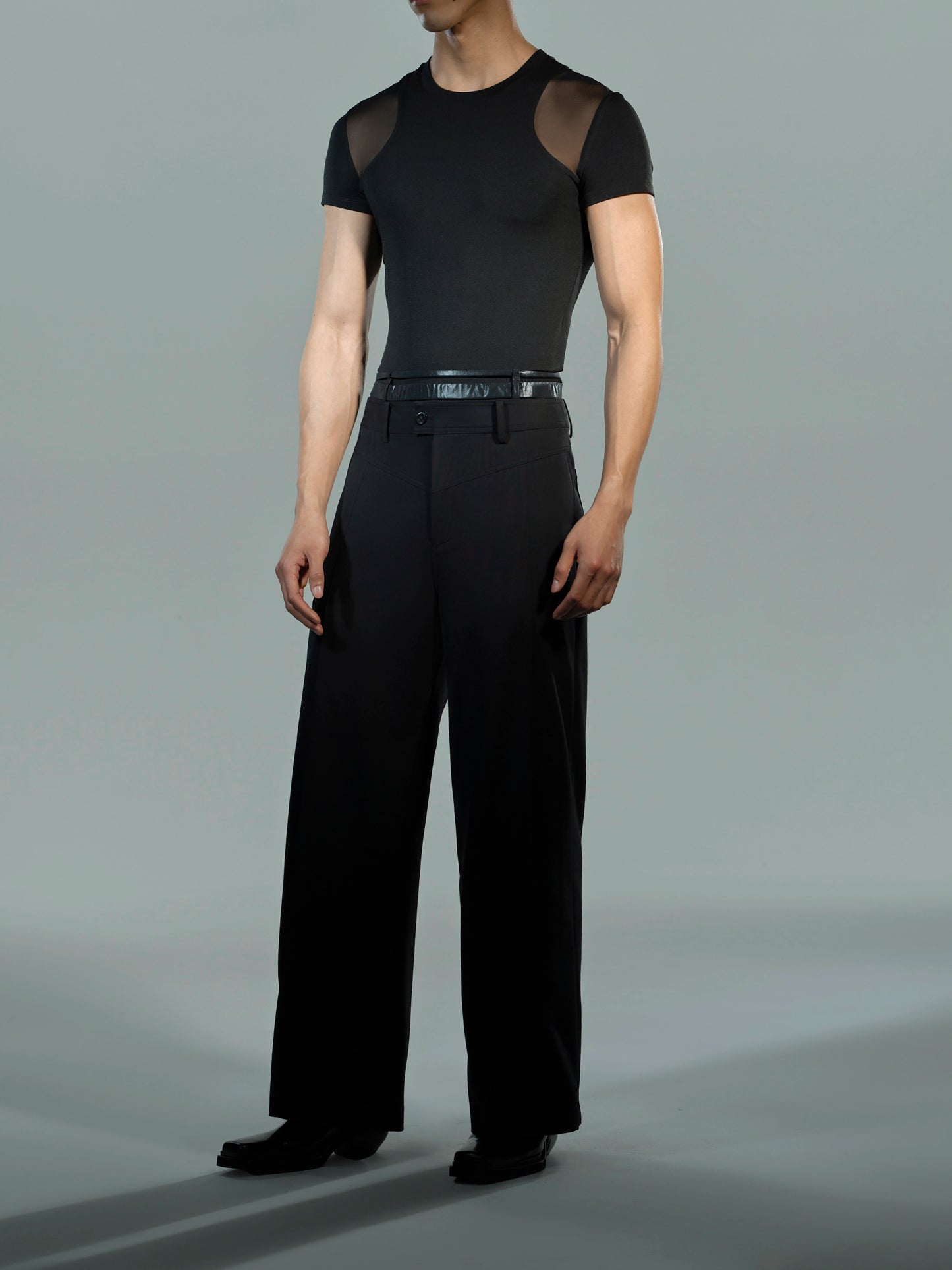 Layered Mesh Panel Short-Sleeve Top