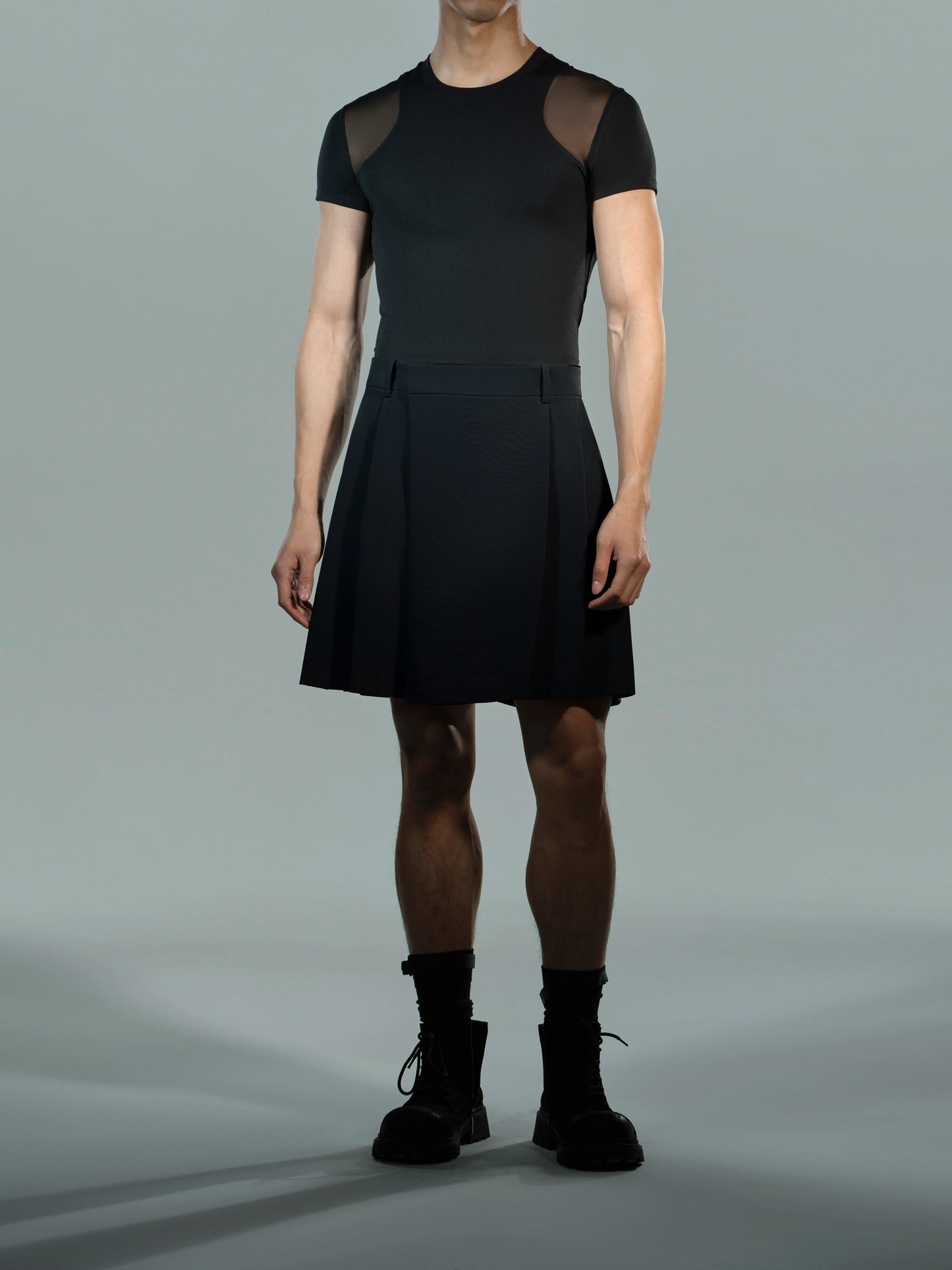 Layered Mesh Panel Short-Sleeve Top