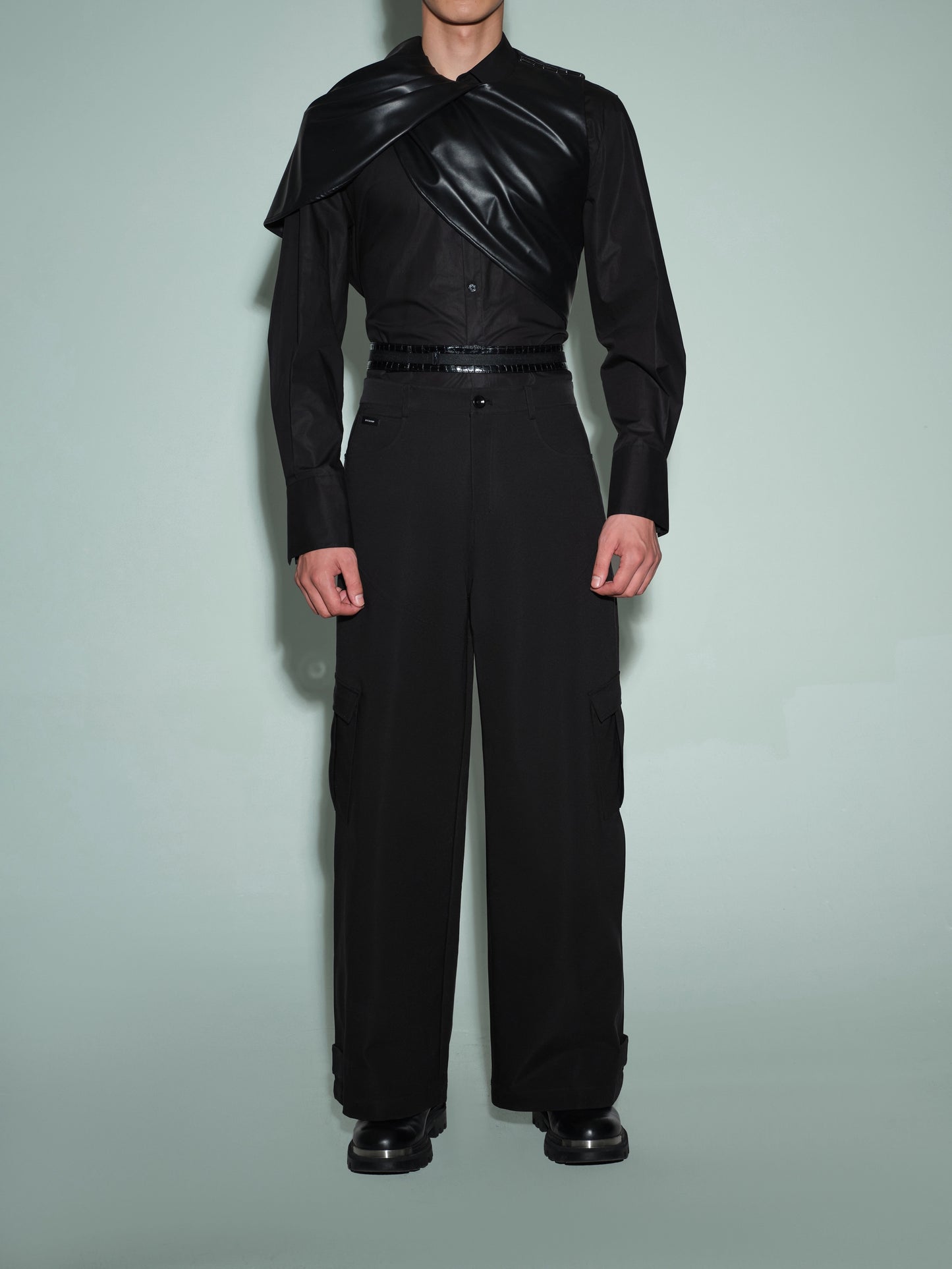 Leather-Pleated Overlay Cape