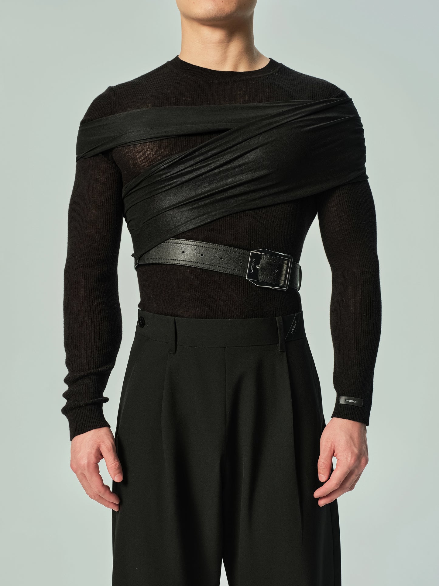 Lustrous Mesh Wrap Shoulder Accessory & Faux Leather Belt