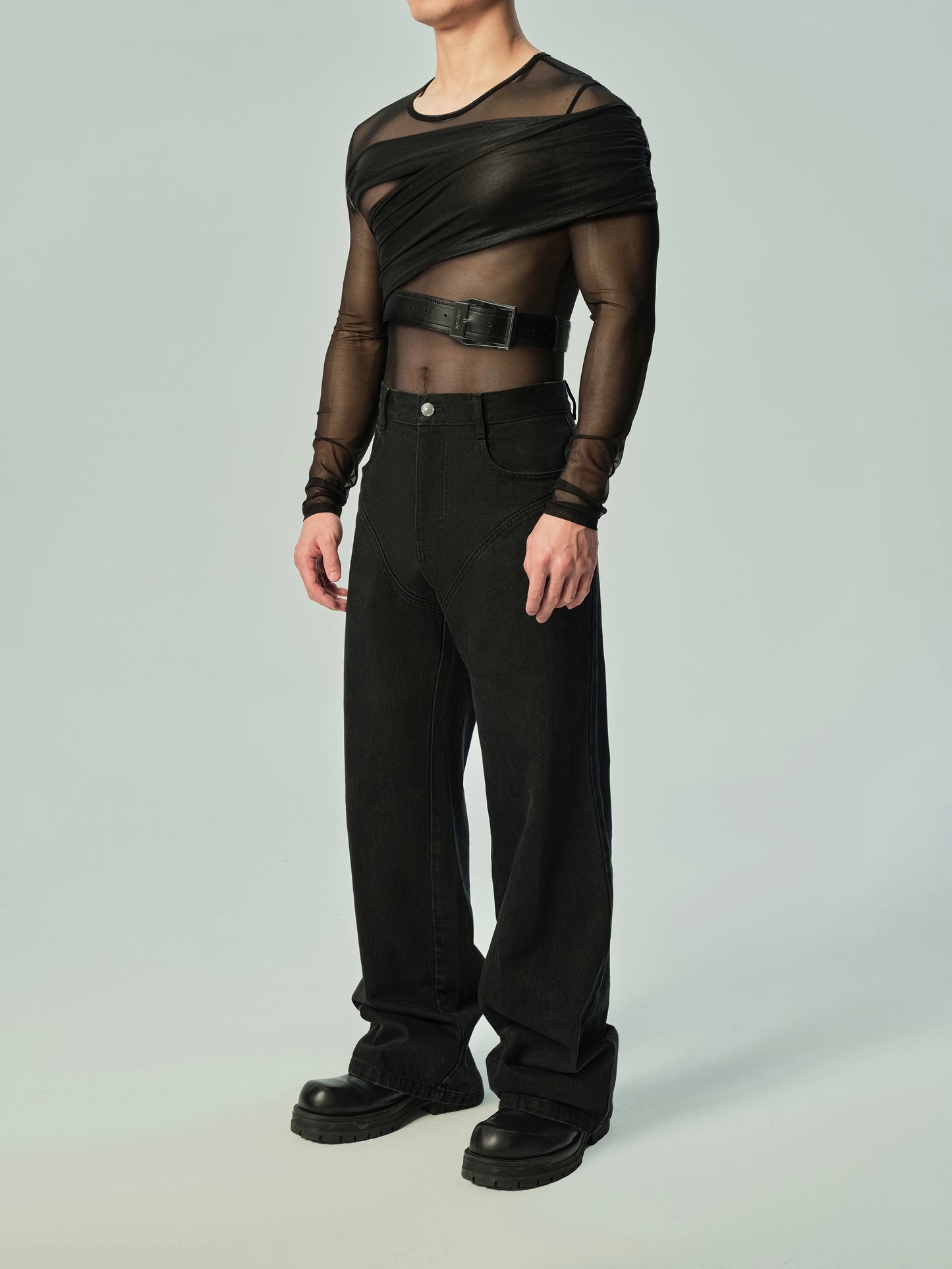 Lustrous Mesh Wrap Shoulder Accessory & Faux Leather Belt