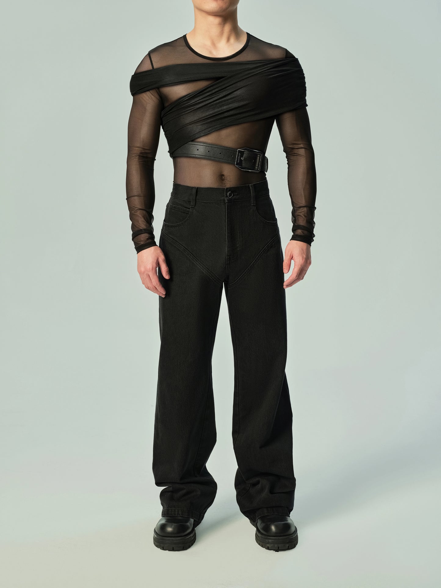 Lustrous Mesh Wrap Shoulder Accessory & Faux Leather Belt