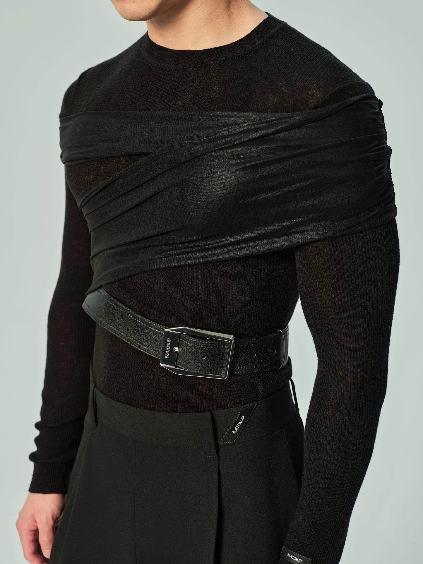 Lustrous Mesh Wrap Shoulder Accessory & Faux Leather Belt