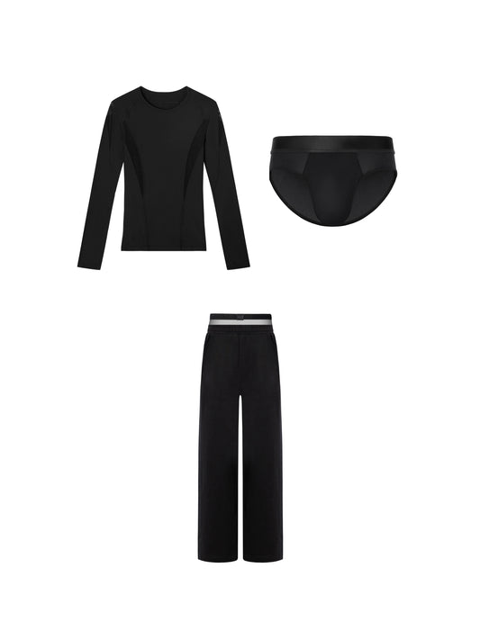 Buckle Brief & Dual-Band Joggers & Mesh Panel Sport Long Sleeve Black