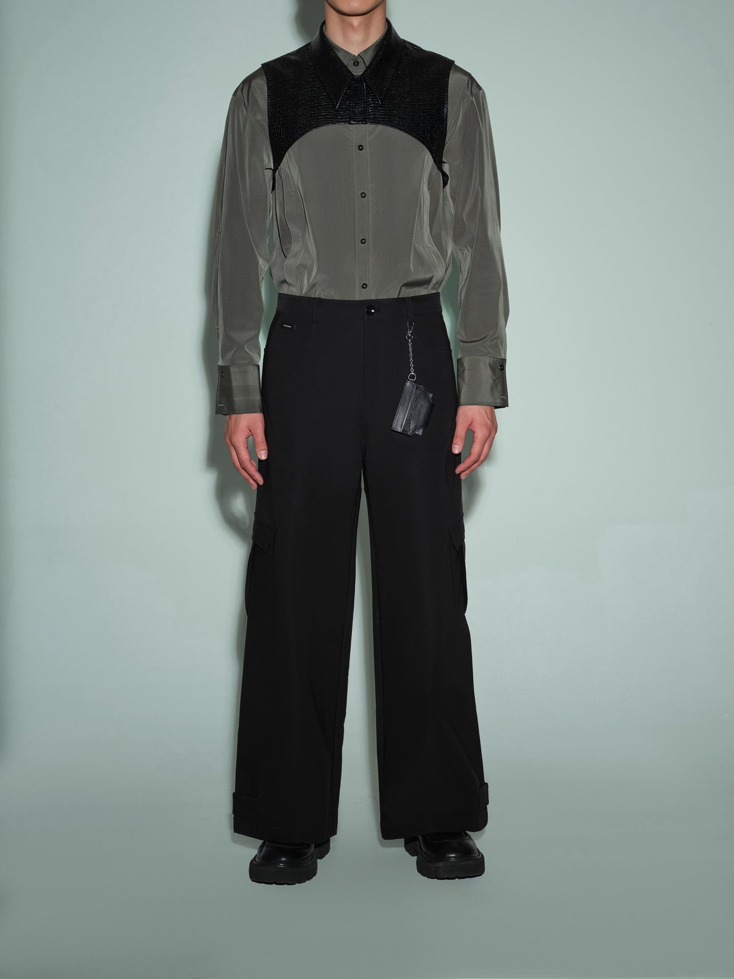 Cropped PU Shirt & Openwork  Structure Shirt