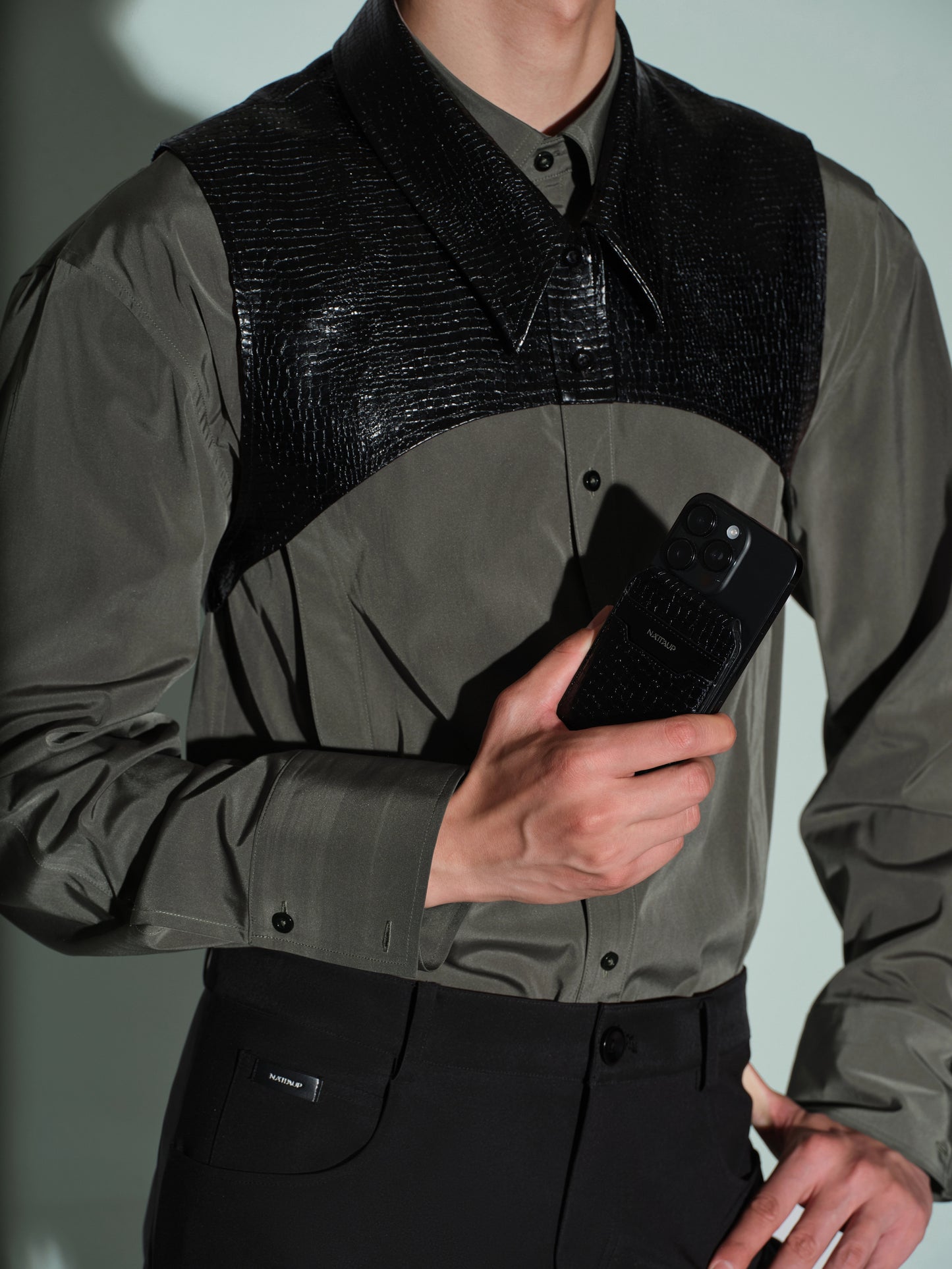 Cropped PU Shirt & Openwork  Structure Shirt
