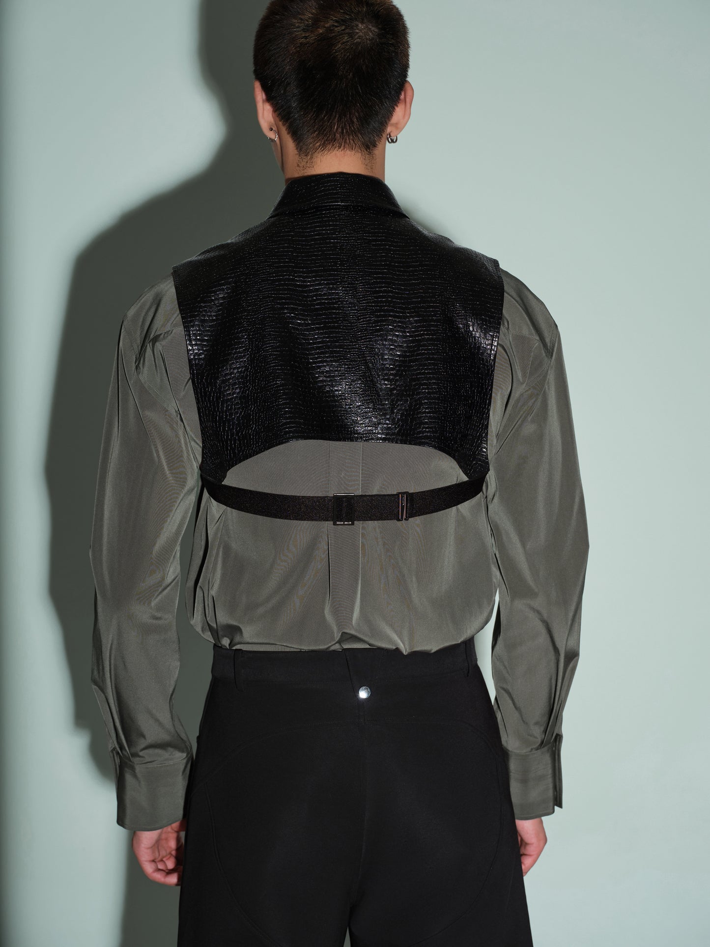 Cropped PU Shirt & Openwork  Structure Shirt