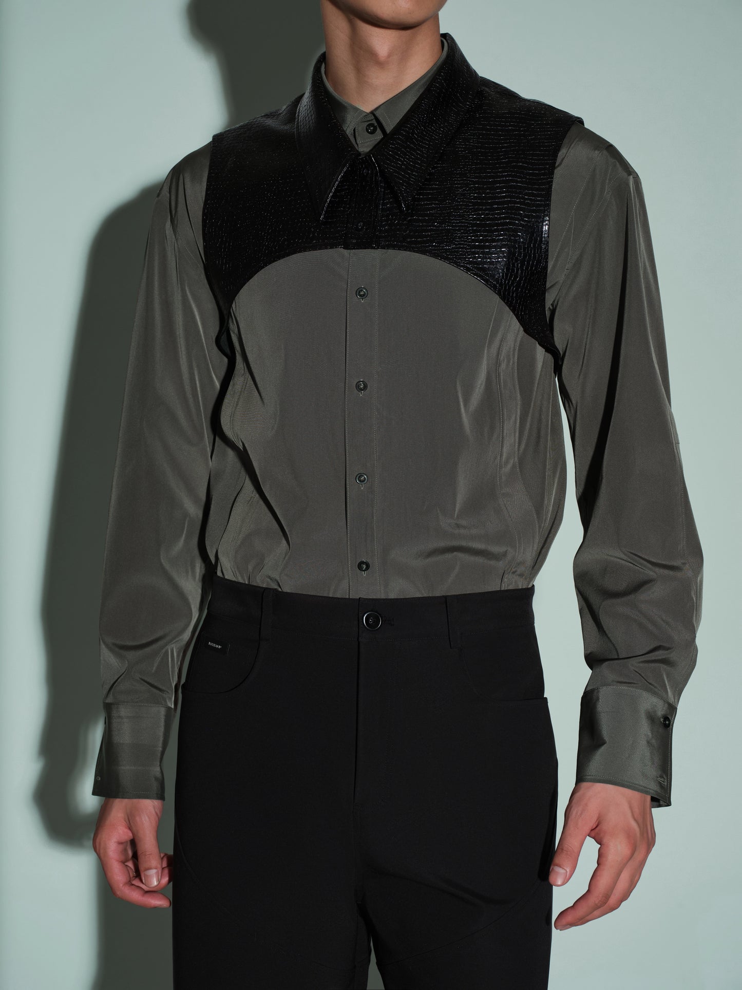 Cropped PU Shirt & Openwork  Structure Shirt