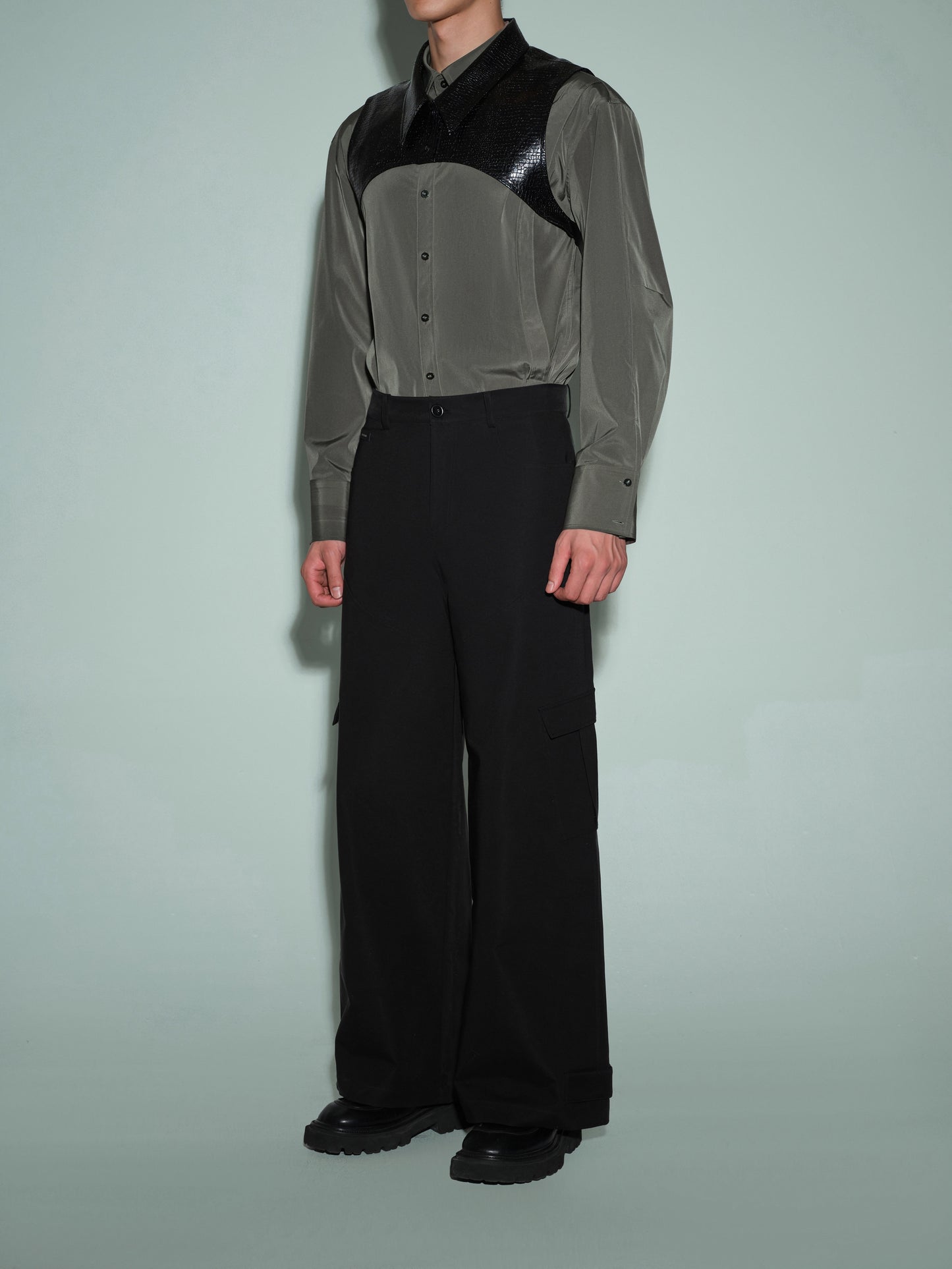 Cropped PU Shirt & Openwork  Structure Shirt