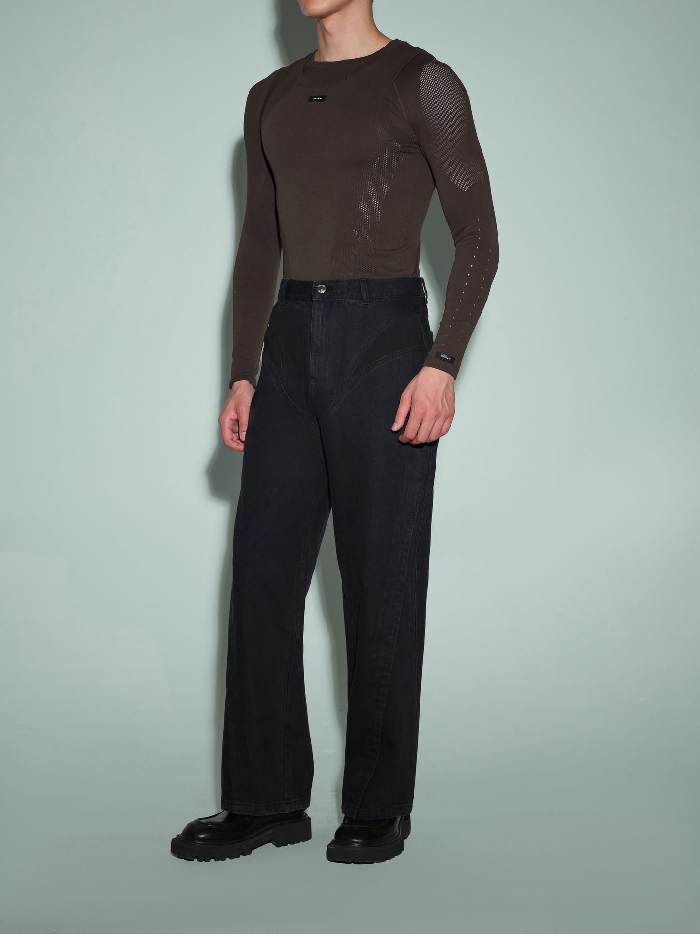 Seamless Openwork Long Sleeve Top (Icy Gleam Blue & Grape Violet Brown)