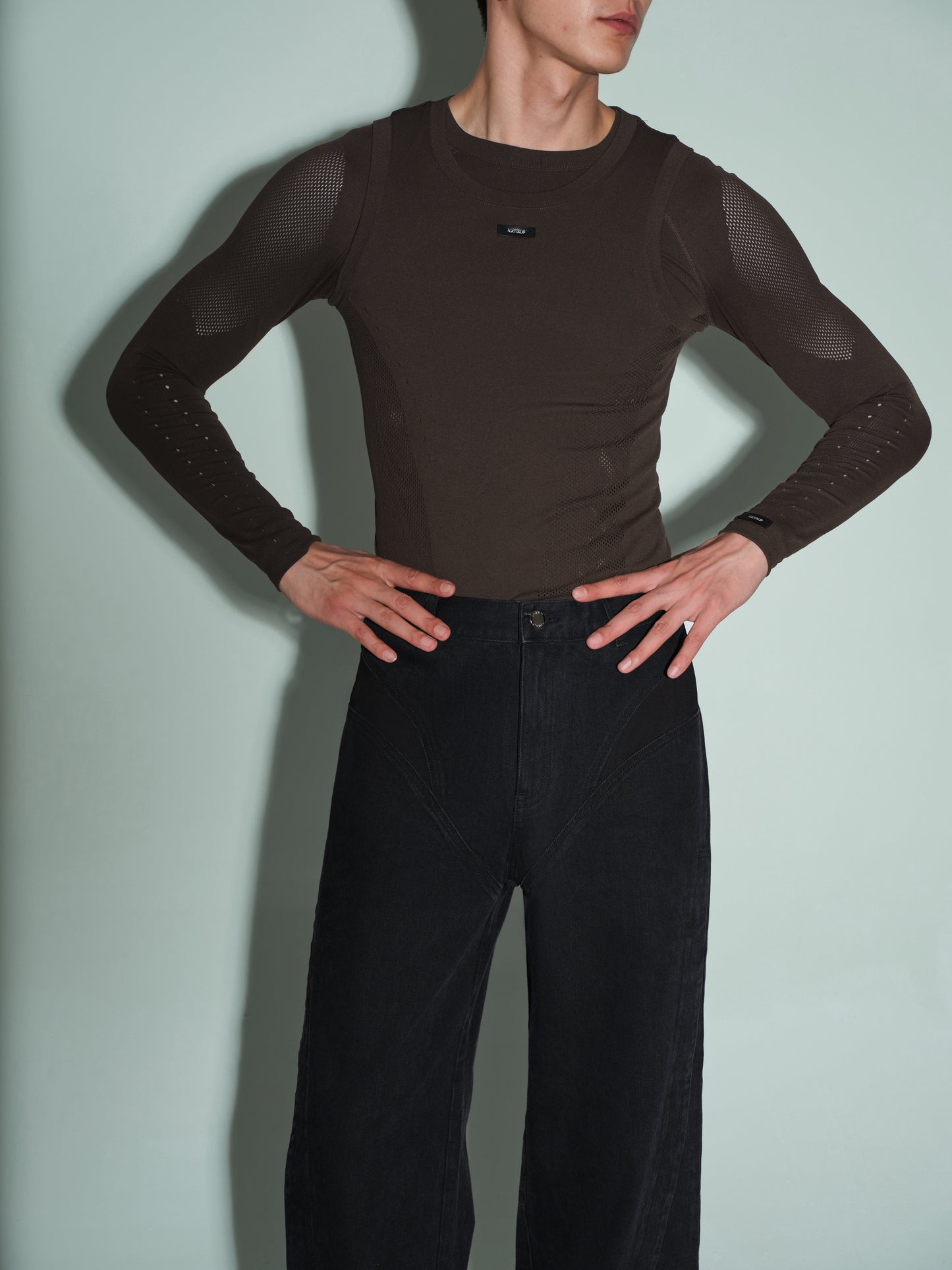 Seamless Openwork Long Sleeve Top (Icy Gleam Blue & Grape Violet Brown)