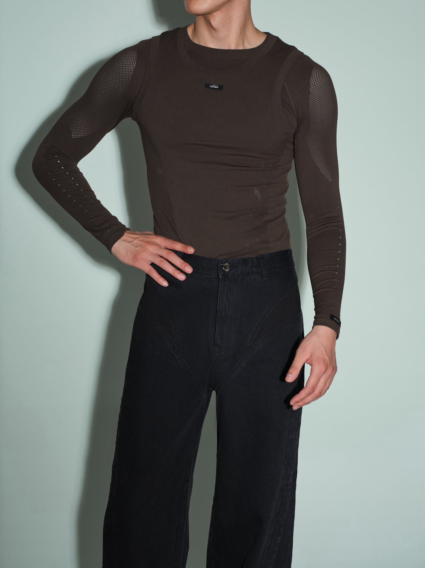 Seamless Openwork Long Sleeve Top (Icy Gleam Blue & Grape Violet Brown)