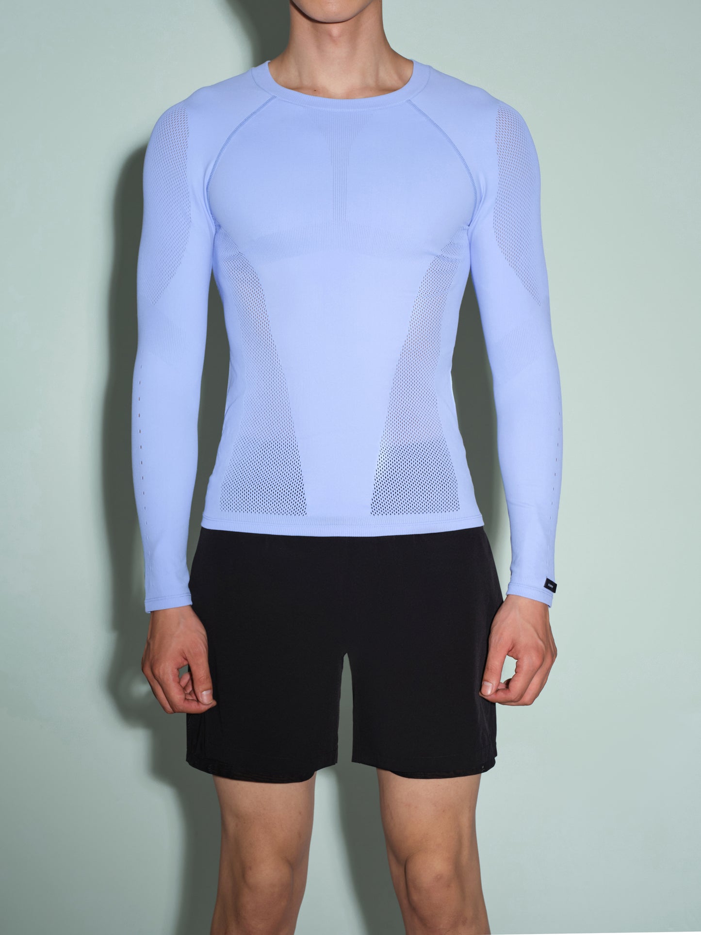 Seamless Openwork Long Sleeve Top (Icy Gleam Blue & Grape Violet Brown)