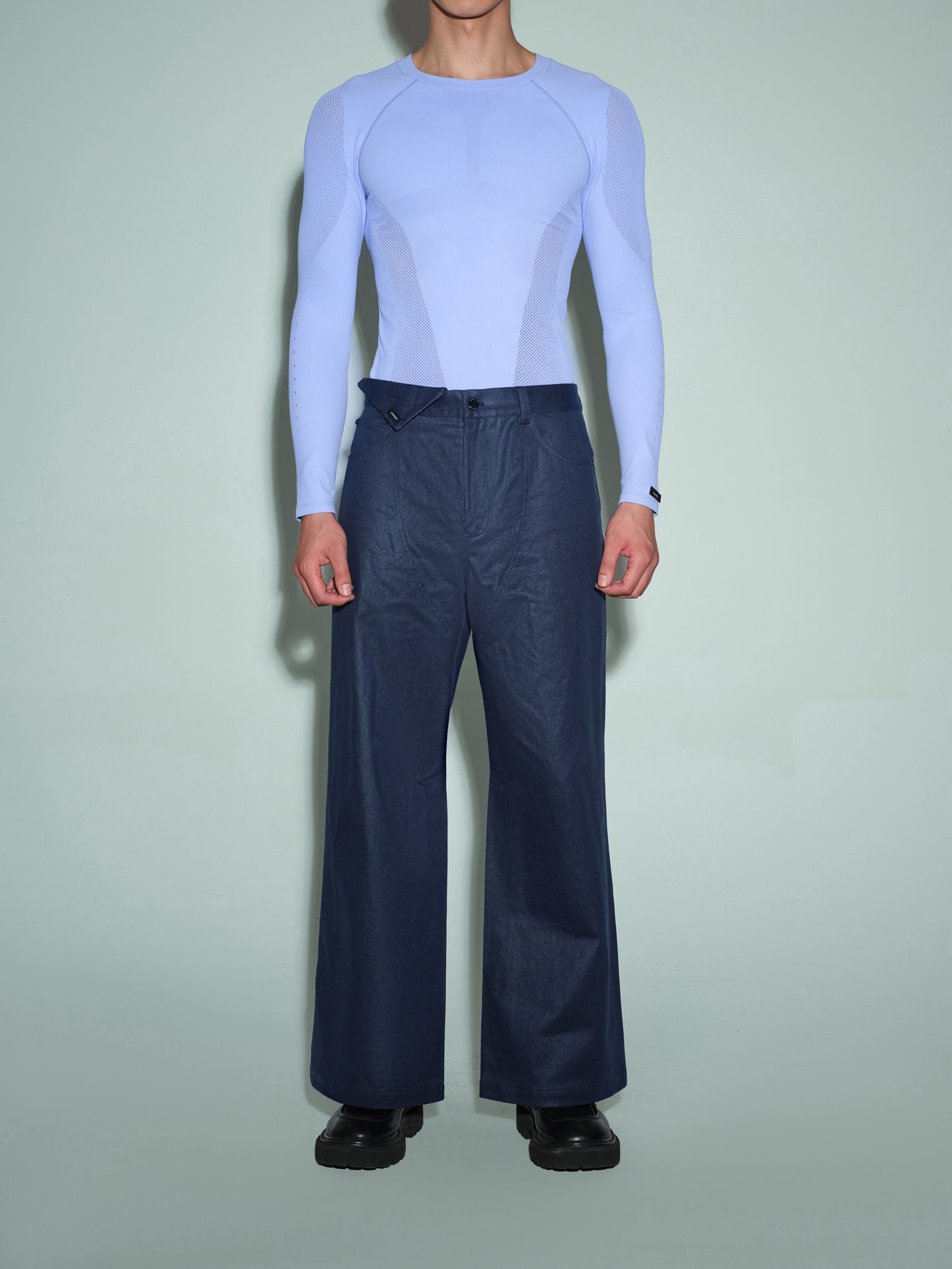 Seamless Openwork Long Sleeve Top (Icy Gleam Blue & Grape Violet Brown)