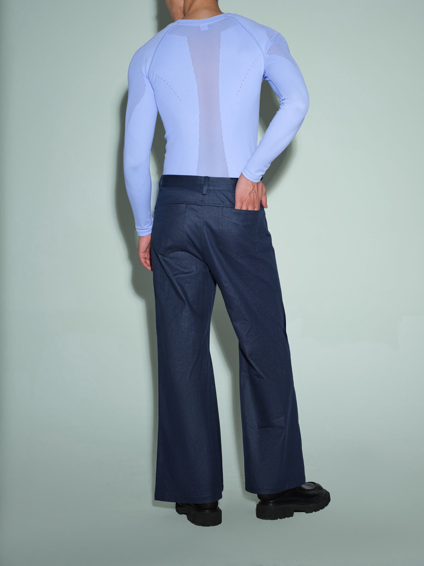 Seamless Openwork Long Sleeve Top (Icy Gleam Blue & Grape Violet Brown)