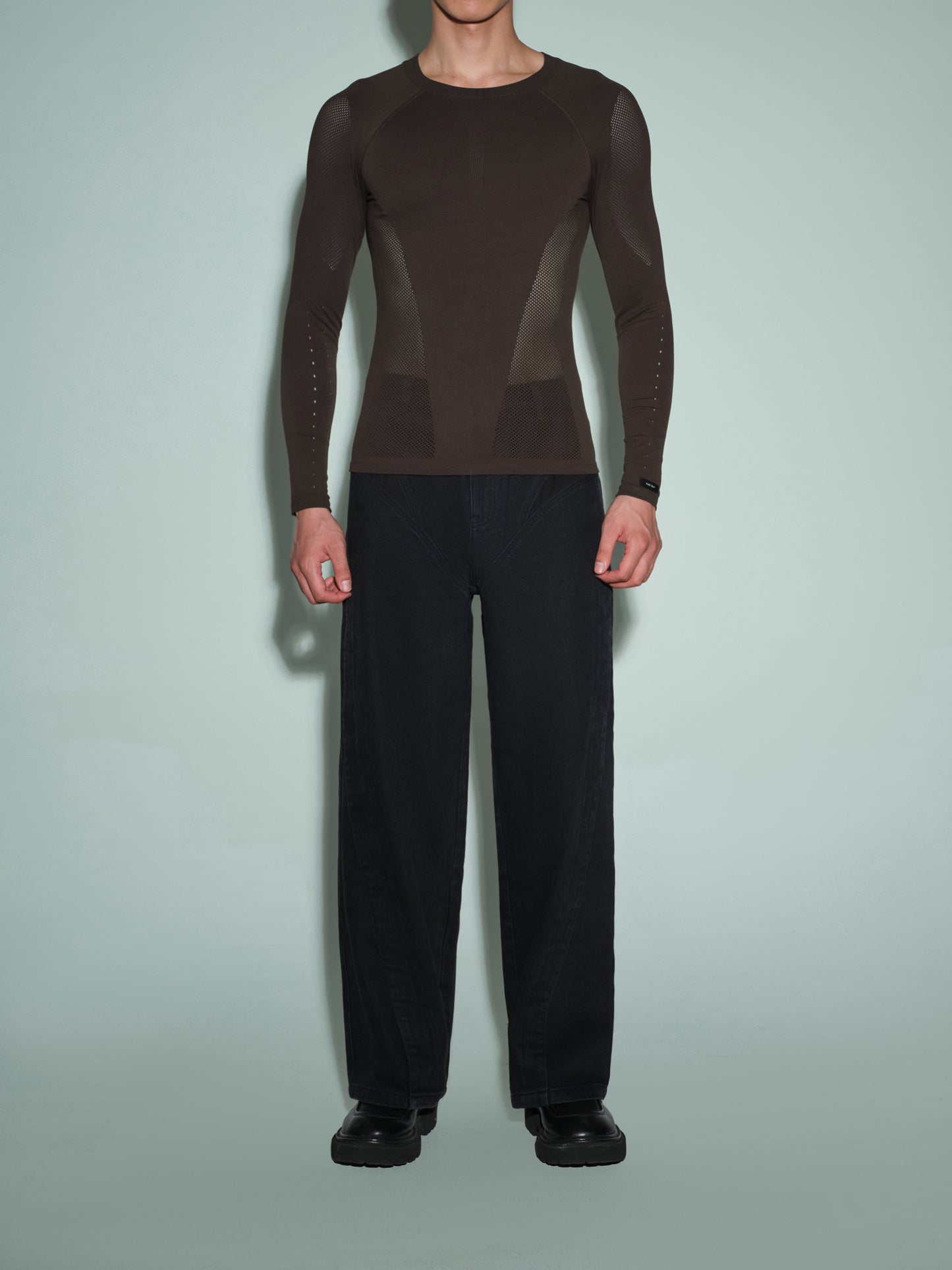 Seamless Openwork Long Sleeve Top (Icy Gleam Blue & Grape Violet Brown)