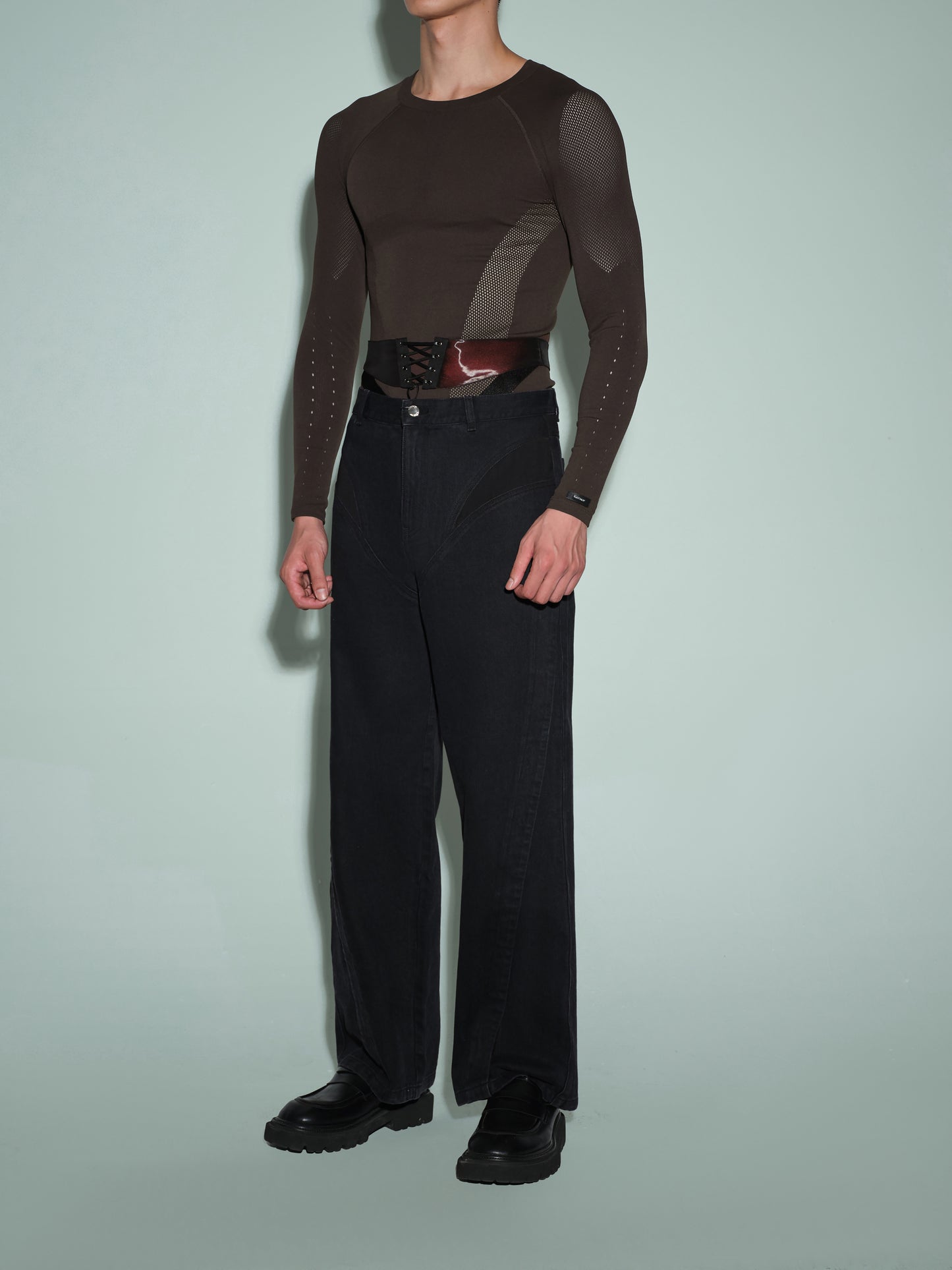Seamless Openwork Long Sleeve Top (Icy Gleam Blue & Grape Violet Brown)