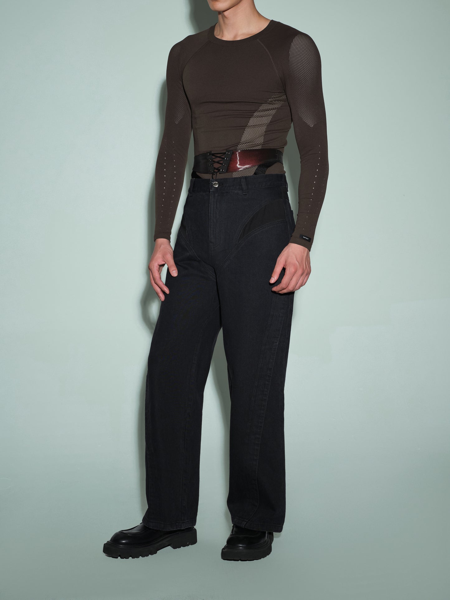 Seamless Openwork Long Sleeve Top (Icy Gleam Blue & Grape Violet Brown)