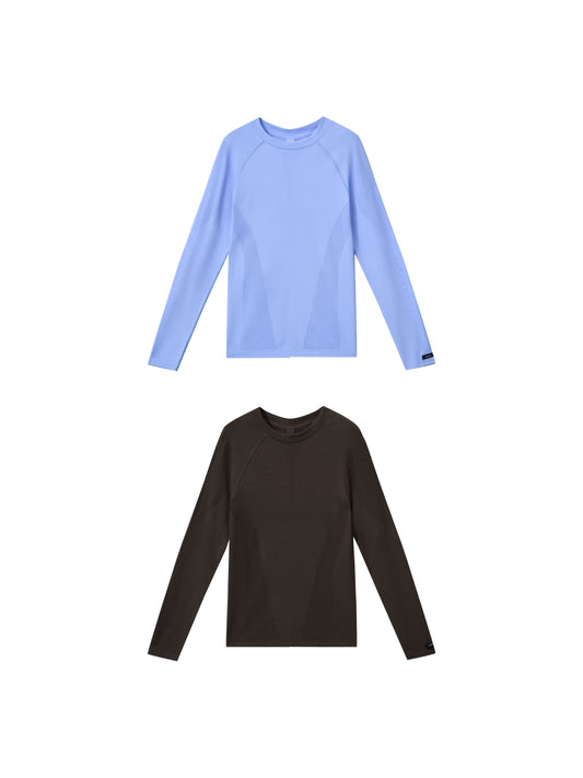 Seamless Openwork Long Sleeve Top (Icy Gleam Blue & Grape Violet Brown)