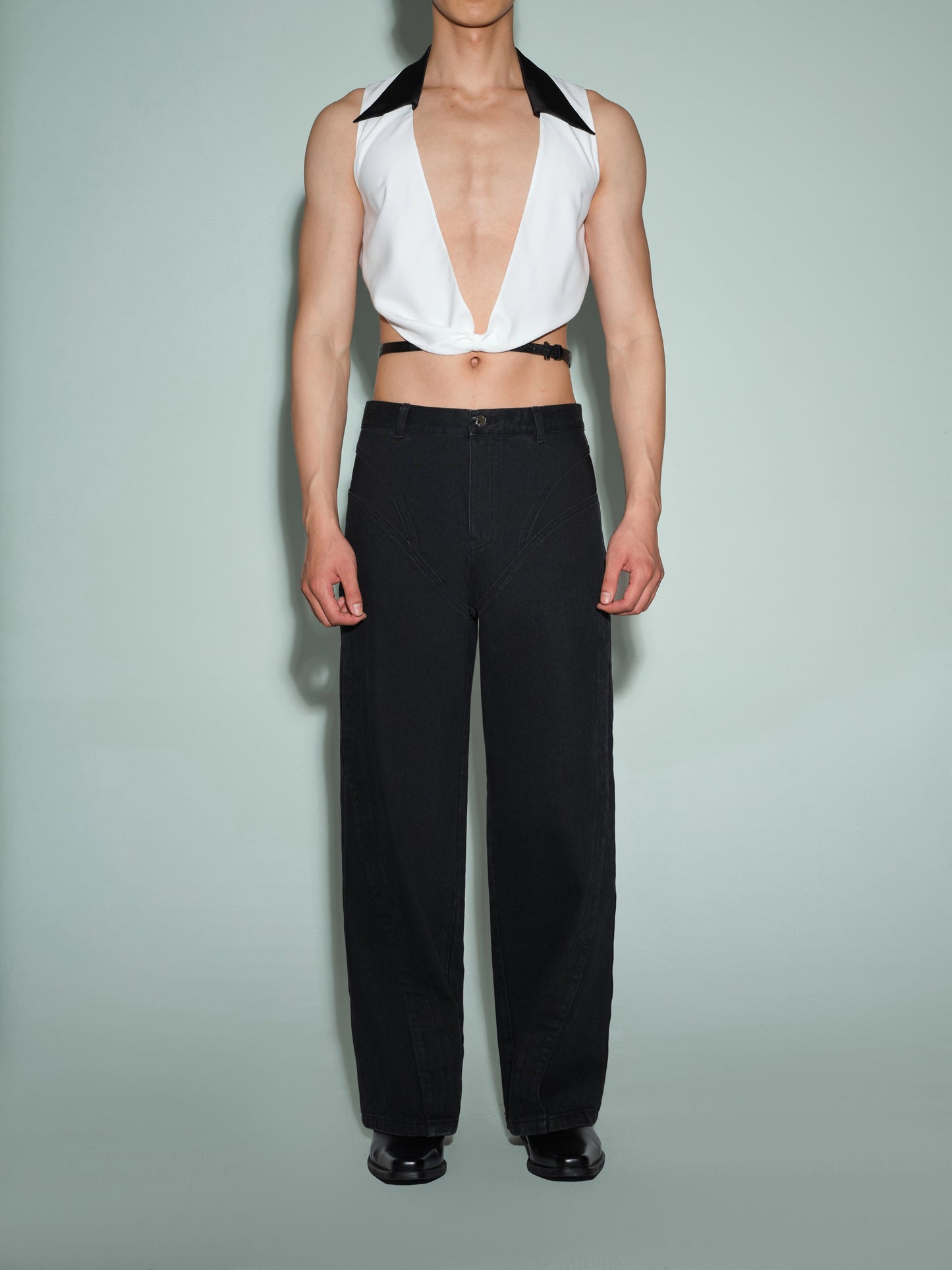 Sharp Lapel Draped Vest Set with Exposed Thong & Lizard-Pattern Belt